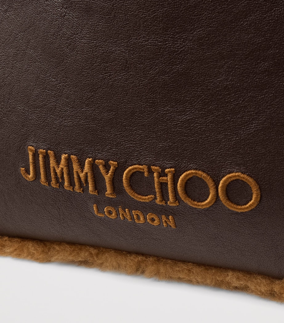 Jimmy Choo Leather Shearling-Trim Drawstring Pouch Chocolate/toffee/ecr Image 5