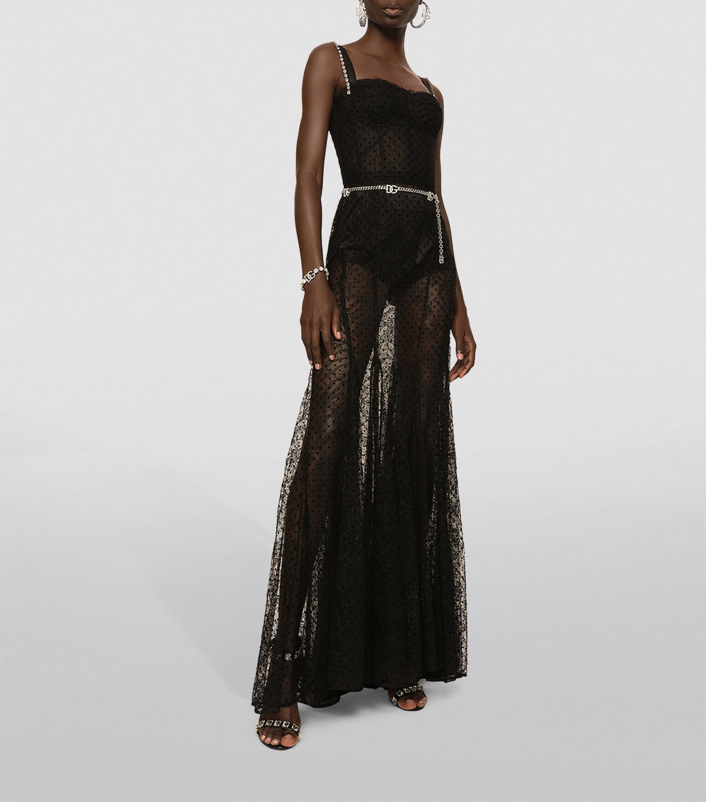 Dolce&Gabbana Womens Tulle Flocked Maxi Dress Black Image 2