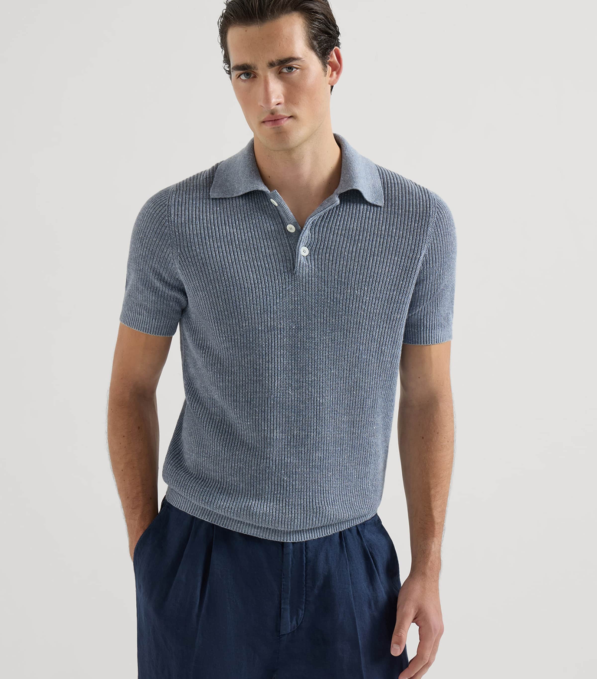 Brunello Cucinelli Mens Linen-Cotton Rib-Knit Polo Shirt Image 3