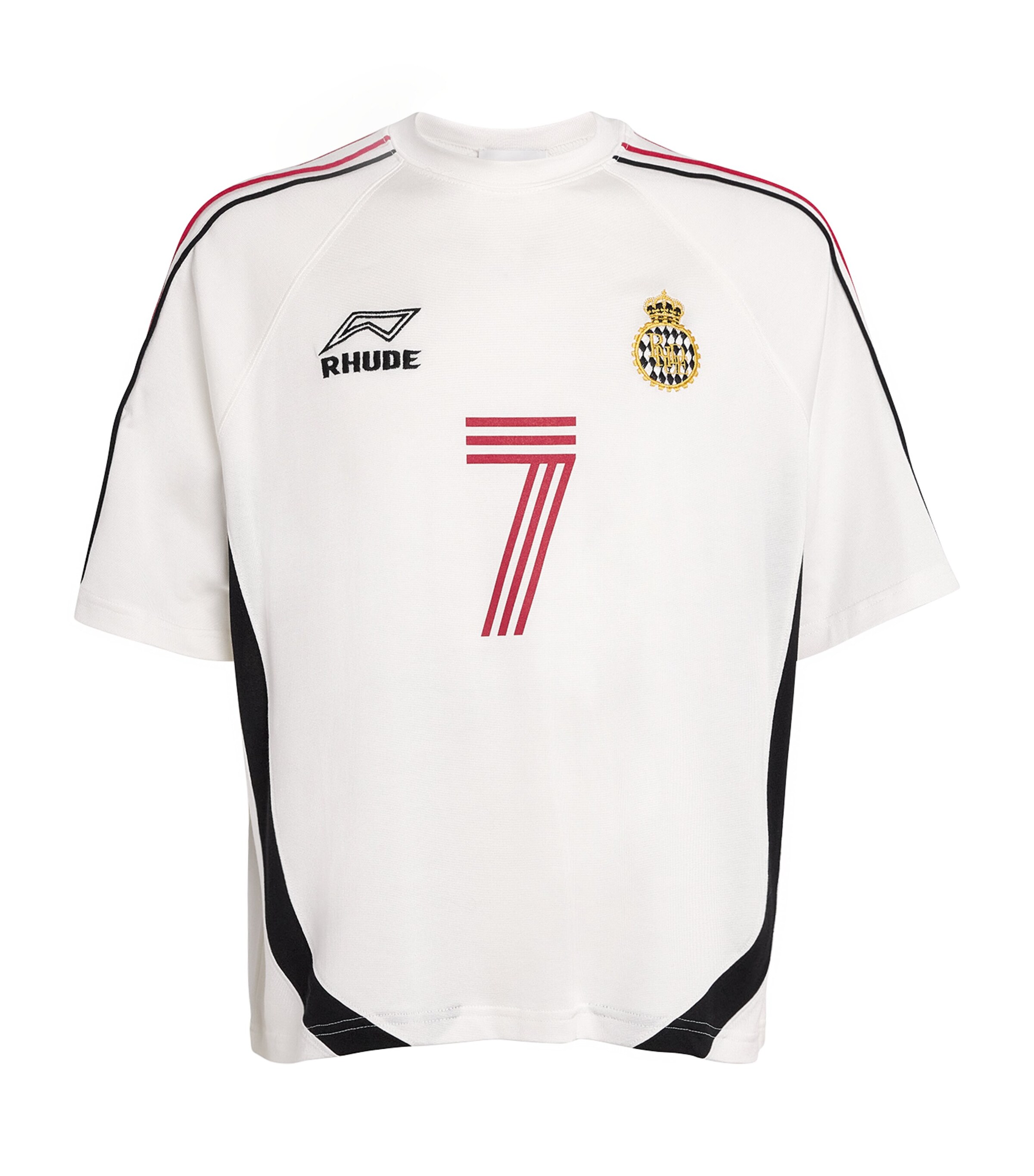 Rhude Mens Cotton-Blend Football Jersey T-Shirt White/black/red Image 1