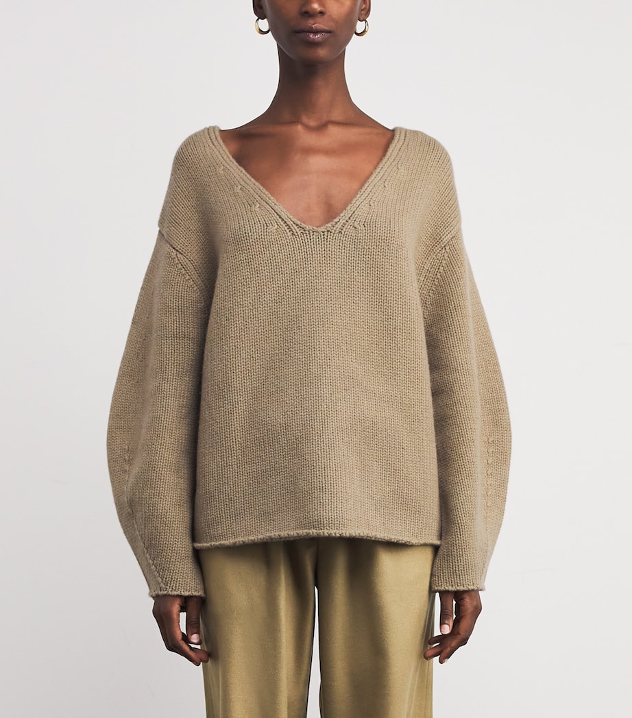 Soft Goat Womens Cashmere Puff-Sleeve Sweater Khaki Image 3
