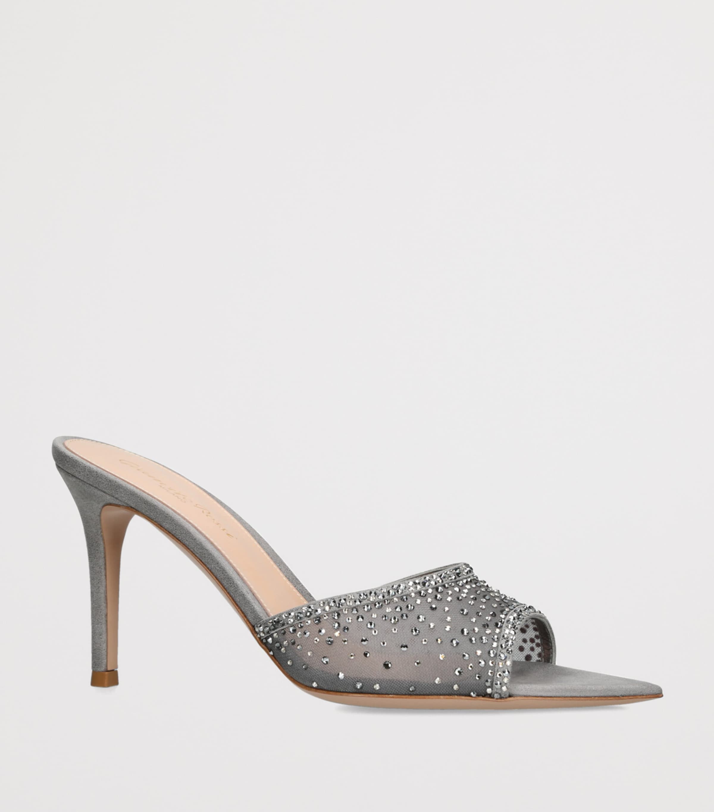 Embellished Silk-Suede Rania Mules 85 SILVER Image 3