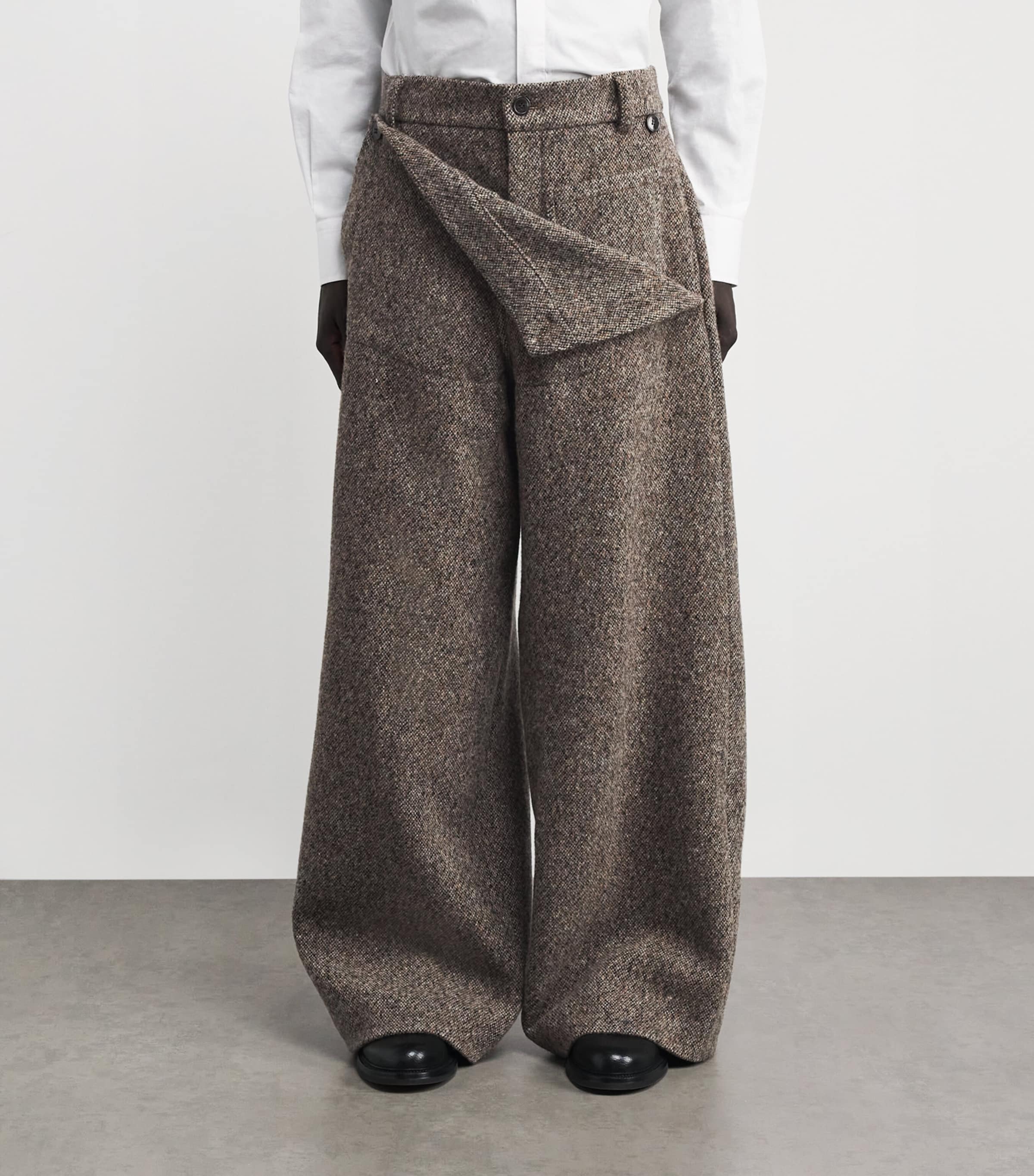 DRIES VAN NOTEN Brown Wool Fold-Over Wide-Leg Trousers