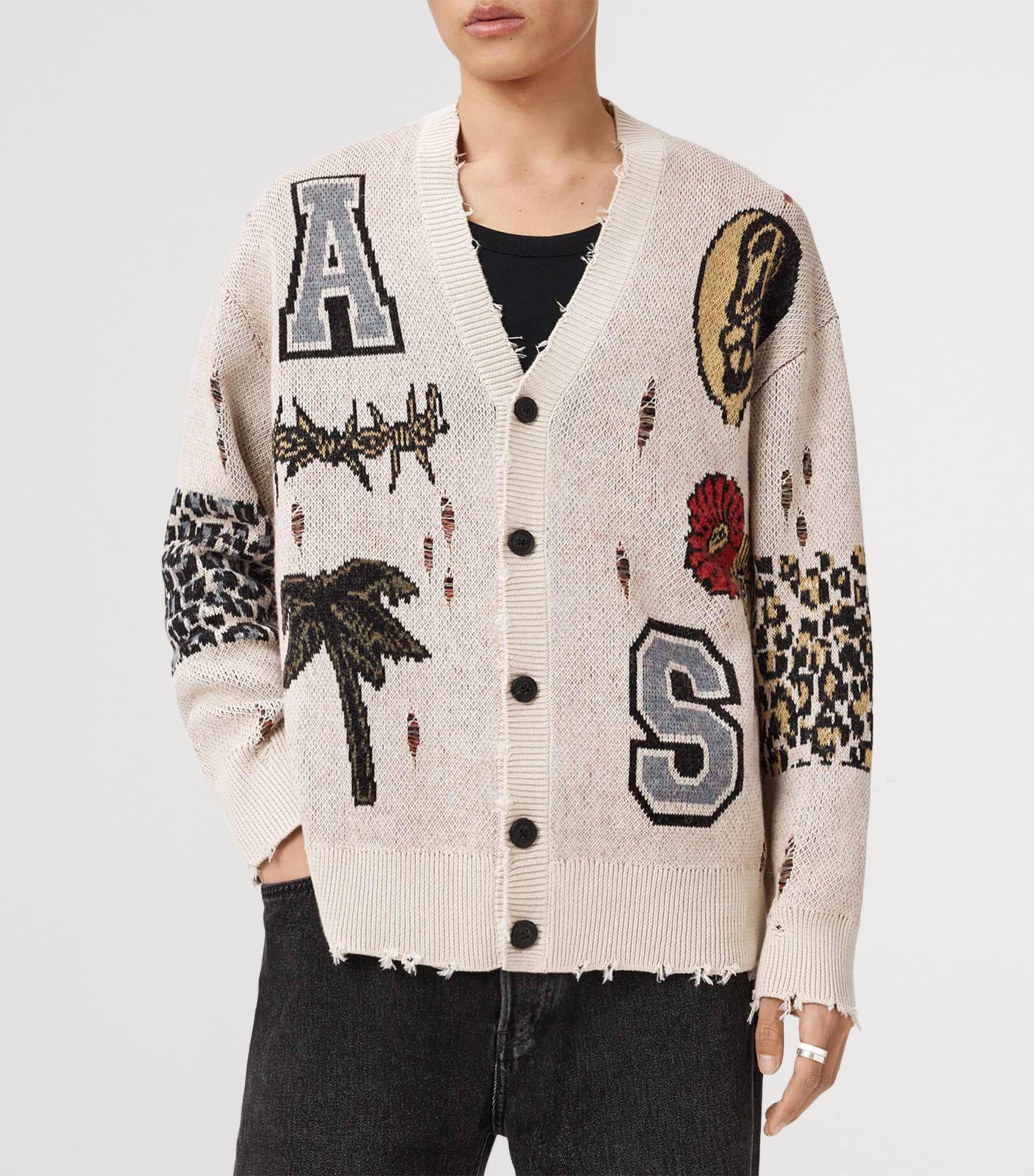 AllSaints Mens Organic Cotton-Blend Distressed Foxx Cardigan Ecru White Image 7