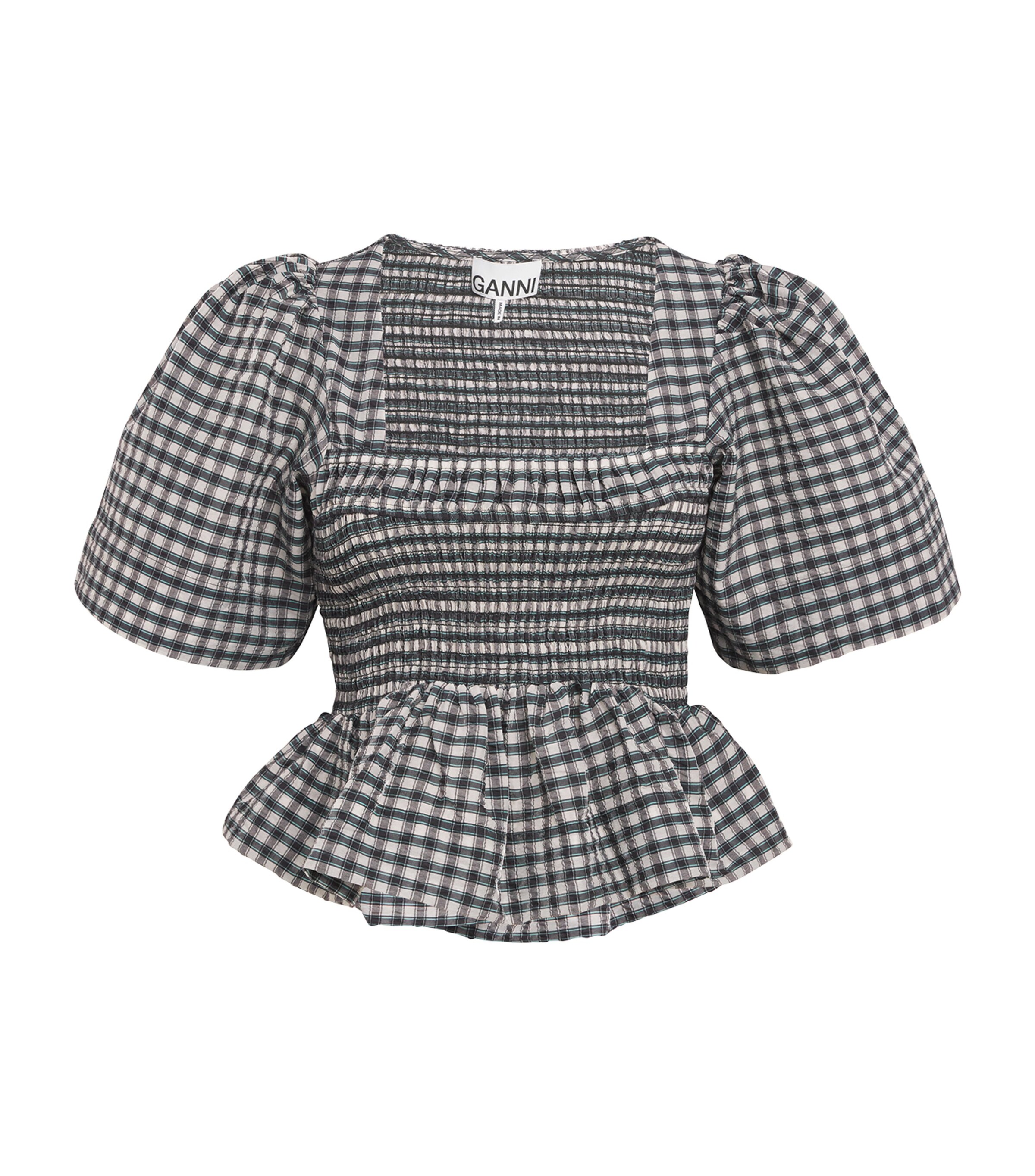 Ganni Check Smocked Top In Grey