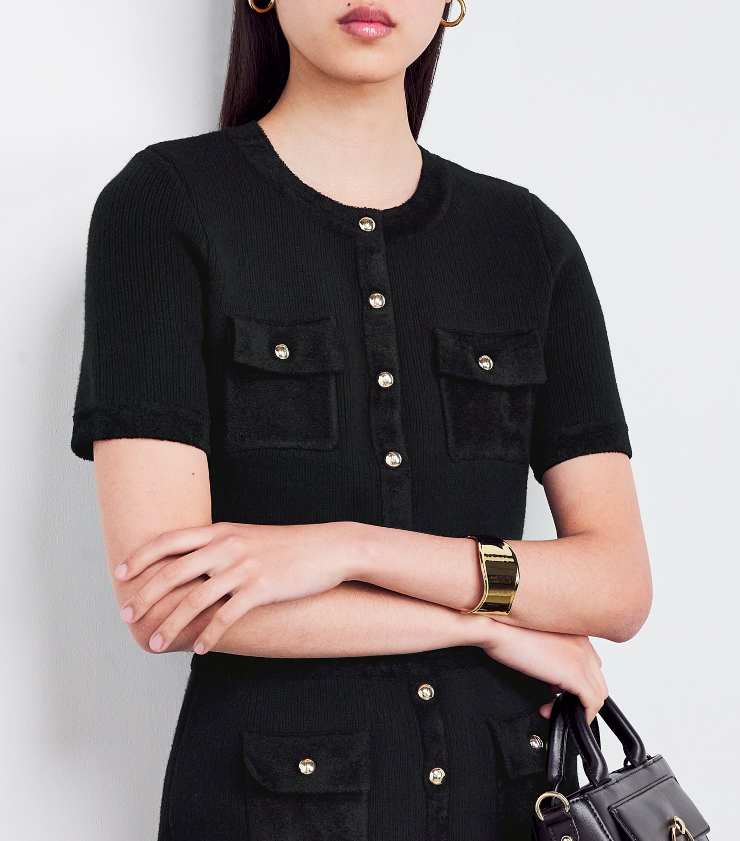 Knitted Short-Sleeve Top BLACK Image 6