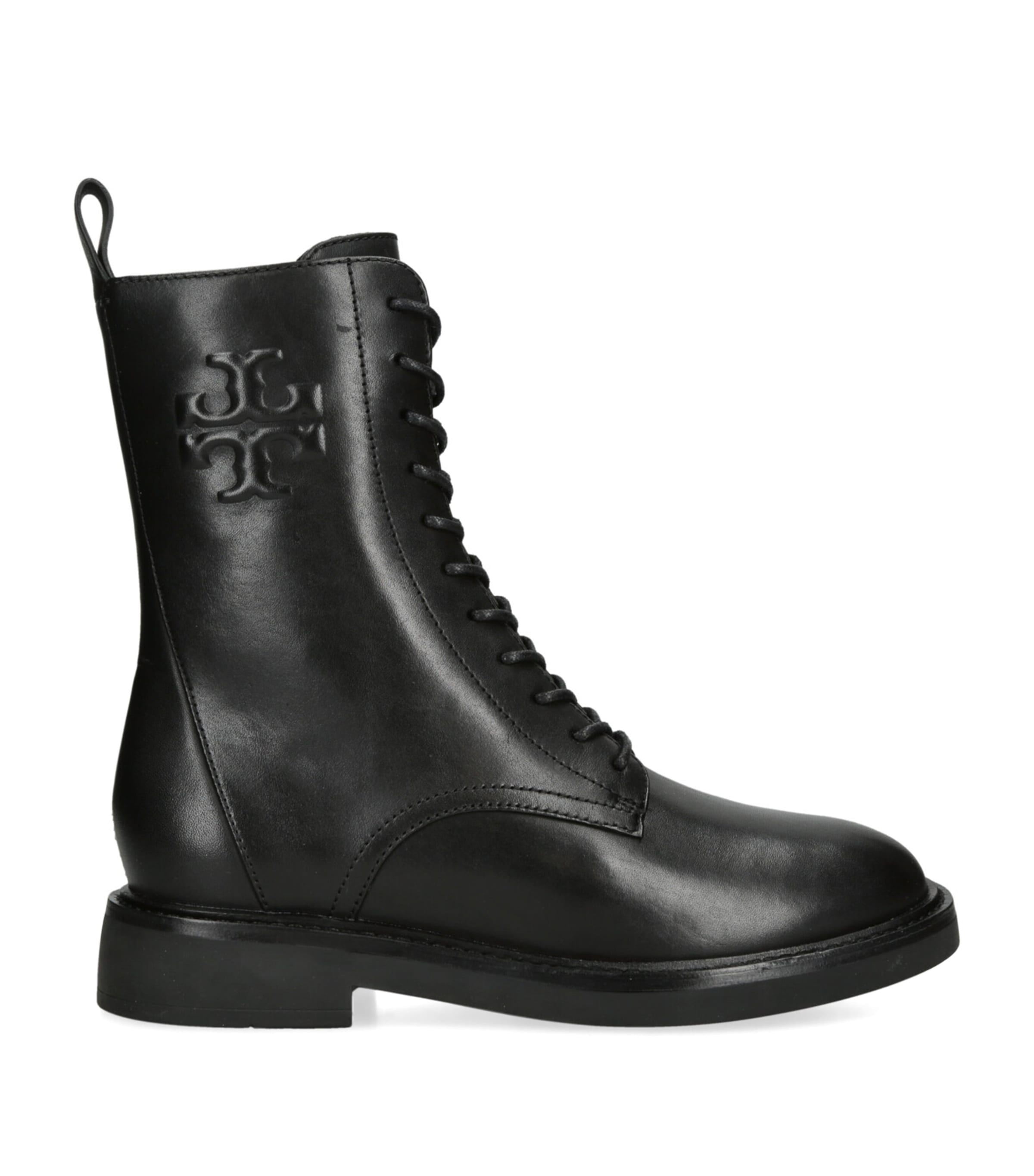 Tory Burch Leather Double-t Combat Booties With Inner Zip In Black