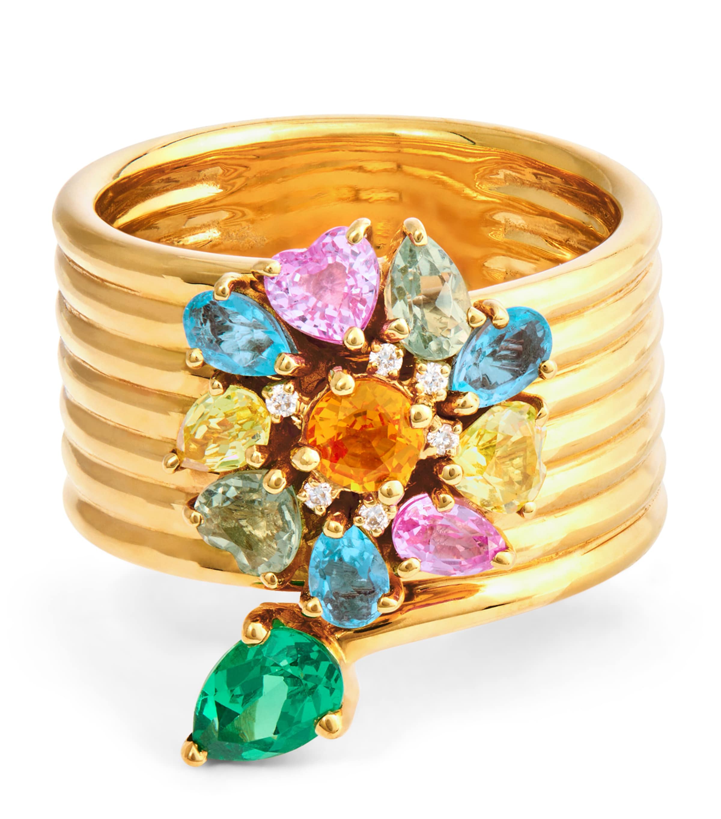 Nadine Aysoy Yellow Gold, Diamond And Mixed Gemstone Catena Flower Ring