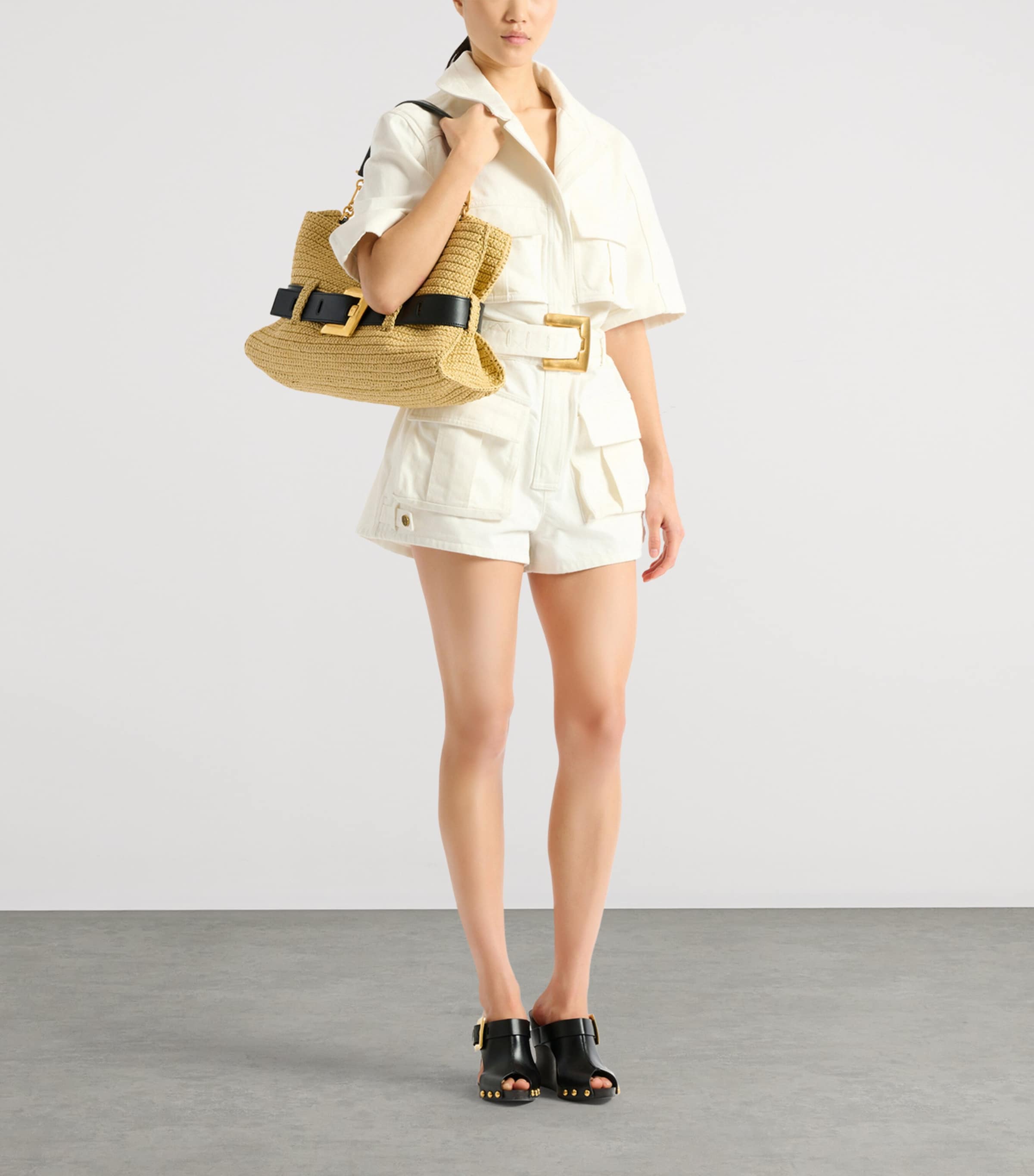 Balmain Medium Faux-Raffia Anthem Shoulder Bag Gte Naturel / Noir Image 2