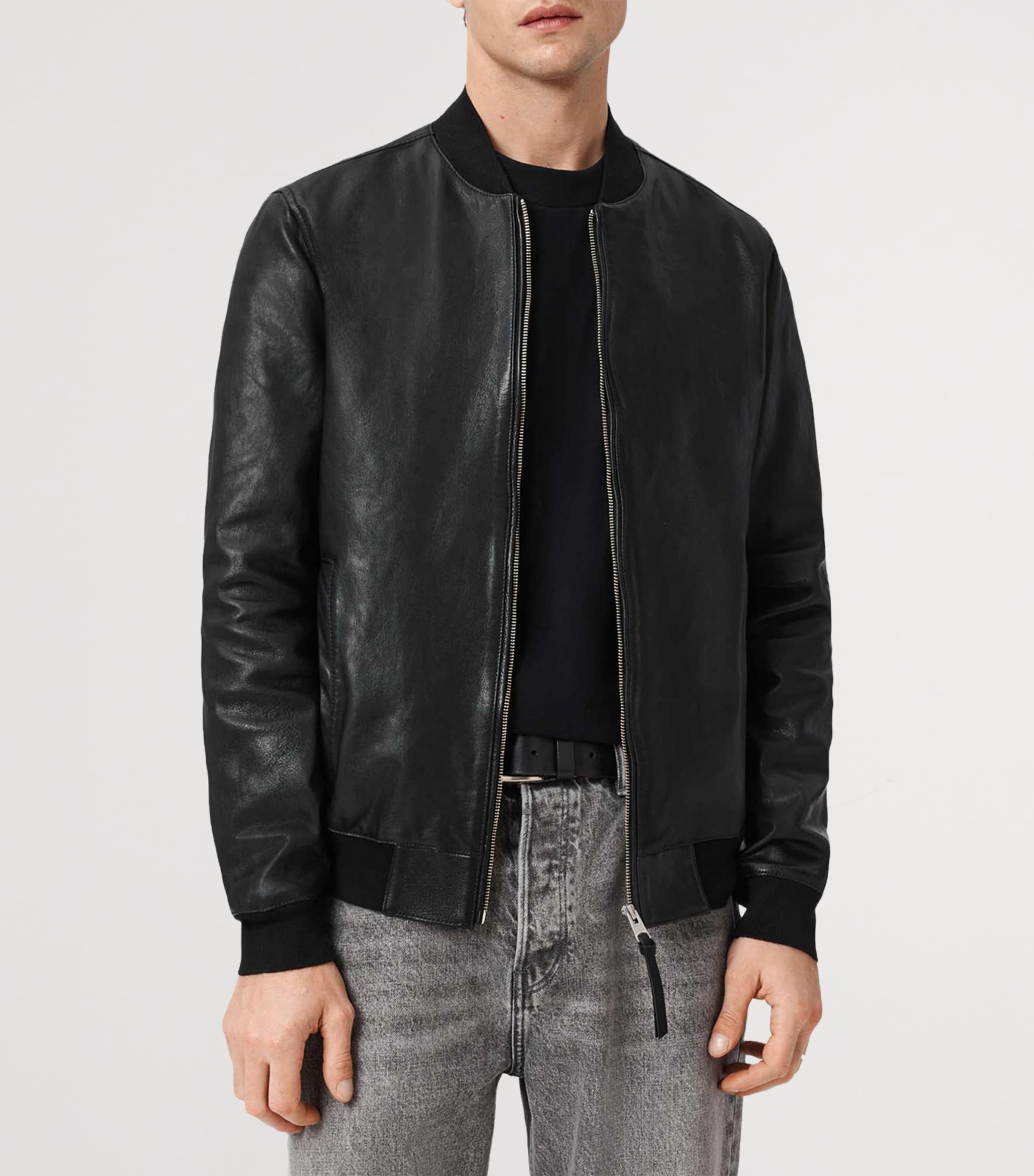 AllSaints Mens Leather Morten Bomber Jacket Black Image 3