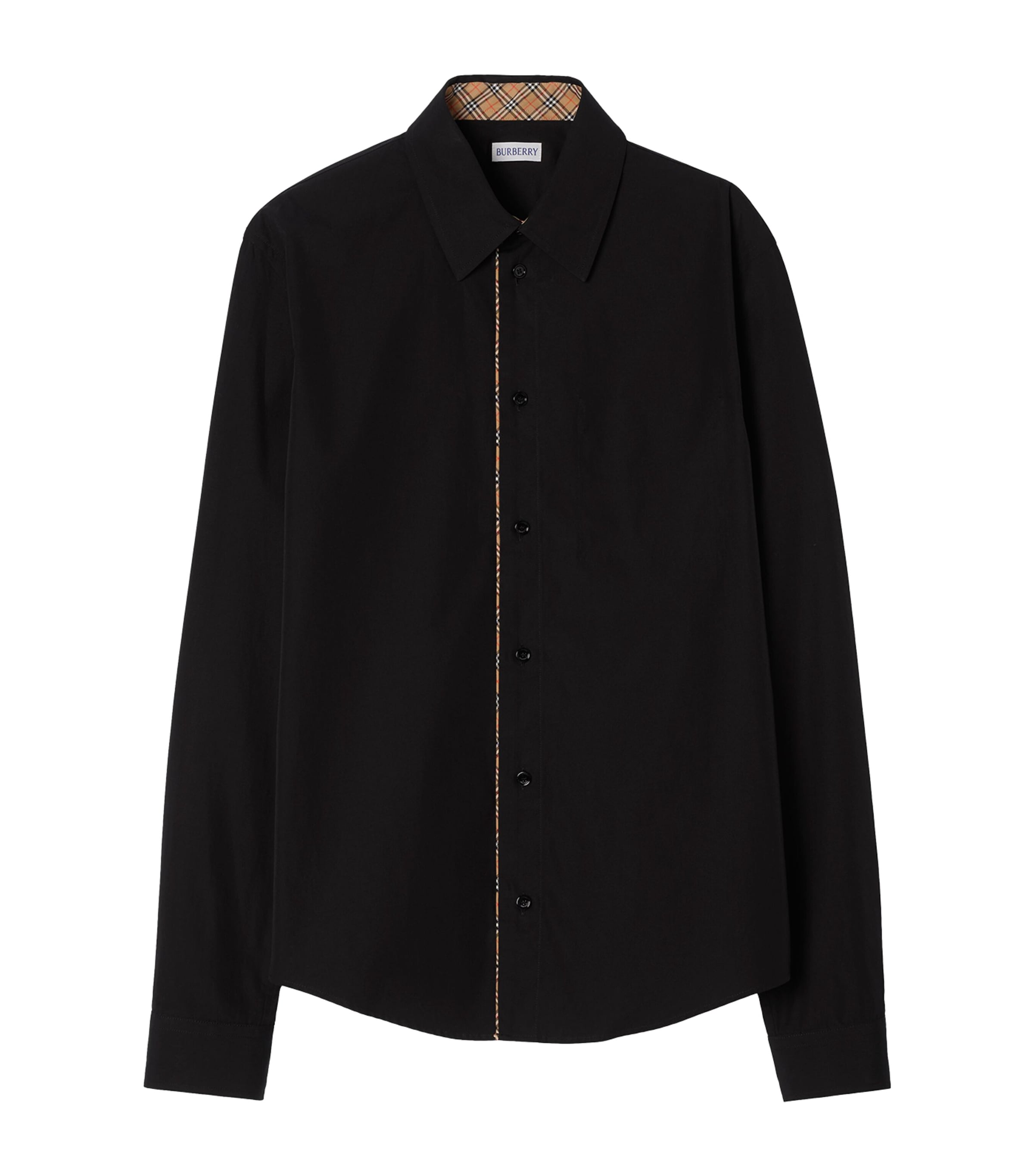 Burberry Mens Cotton Check-Trimmed Shirt Black Image 1