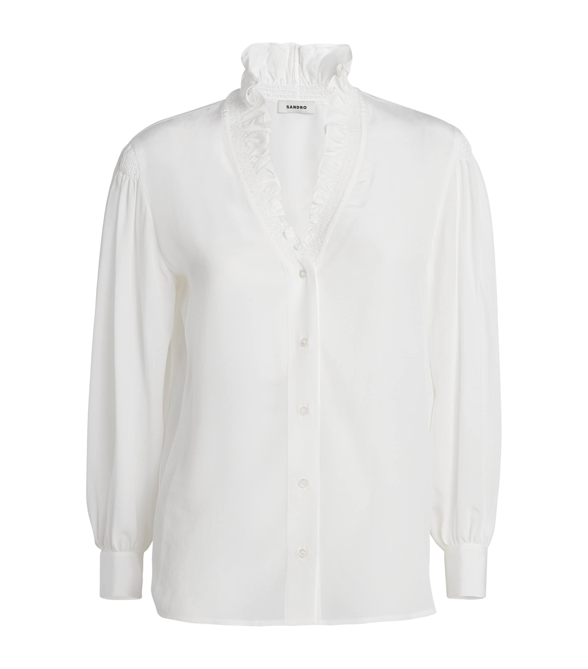 Shop Sandro Silk Ruffle Collar Shirt In Beige