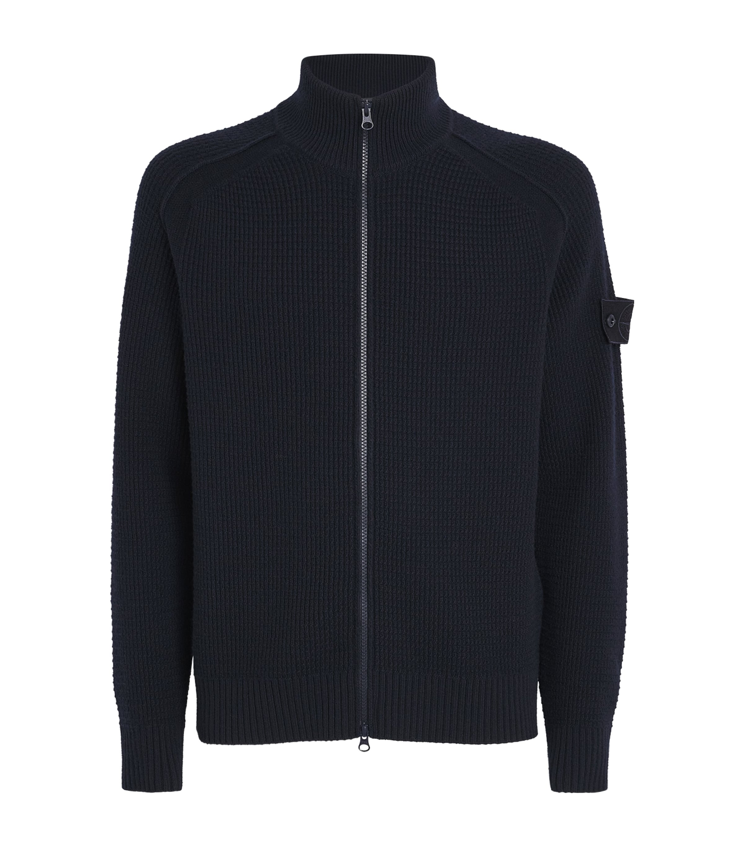 Stone Island Ghost Waffle-knit Virgin Wool Zip-up Cardigan In Blue
