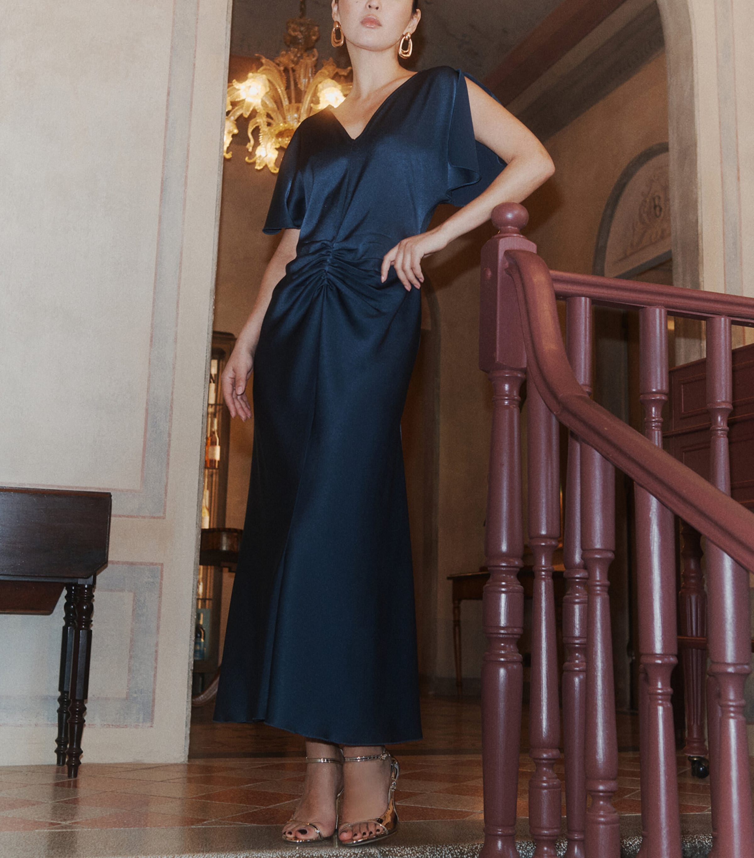 Marella Womens Satin Gathered Midi Dress Aviation Image 2