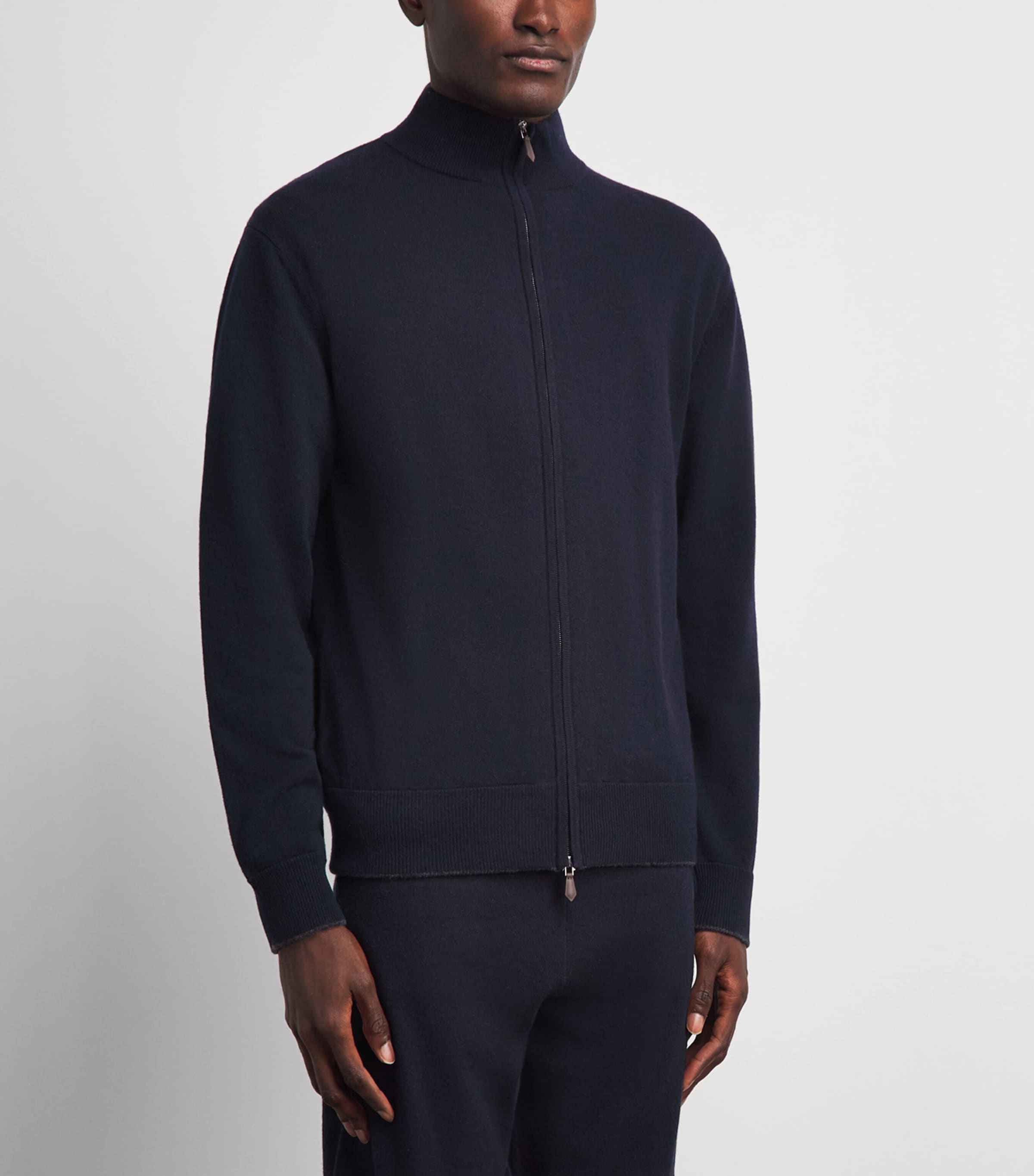 N.Peal Mens Organic Cashmere Knightsbridge Zip-Up Cardigan Navy Dark Charcoal Image 4