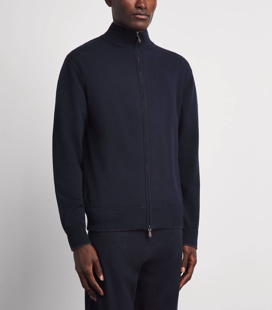 N.Peal Mens Organic Cashmere Knightsbridge Zip-Up Cardigan Navy Dark Charcoal Image 4
