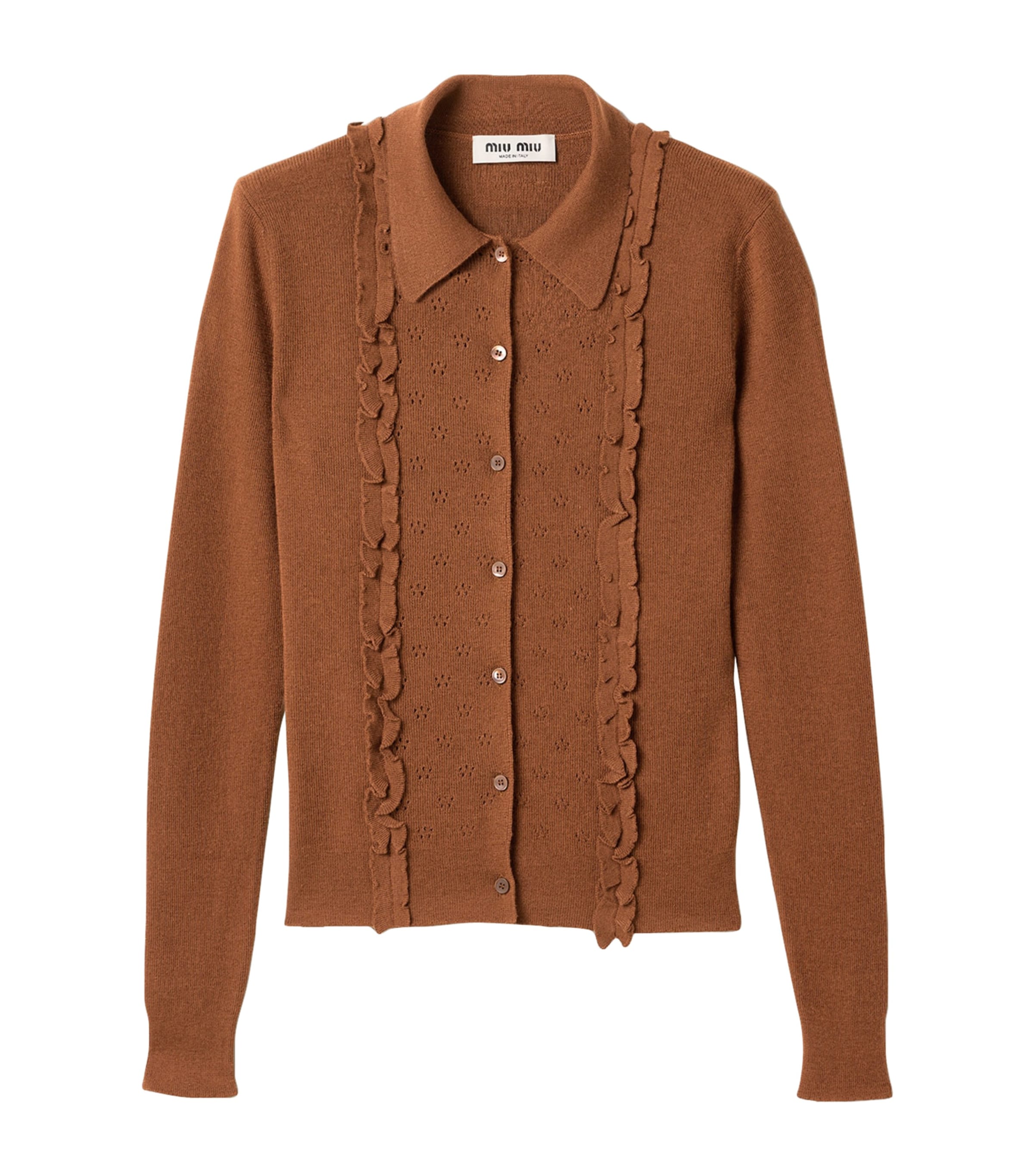 Miu Miu Womens Cashmere-Silk Ruffled Cardigan Brown Image 1