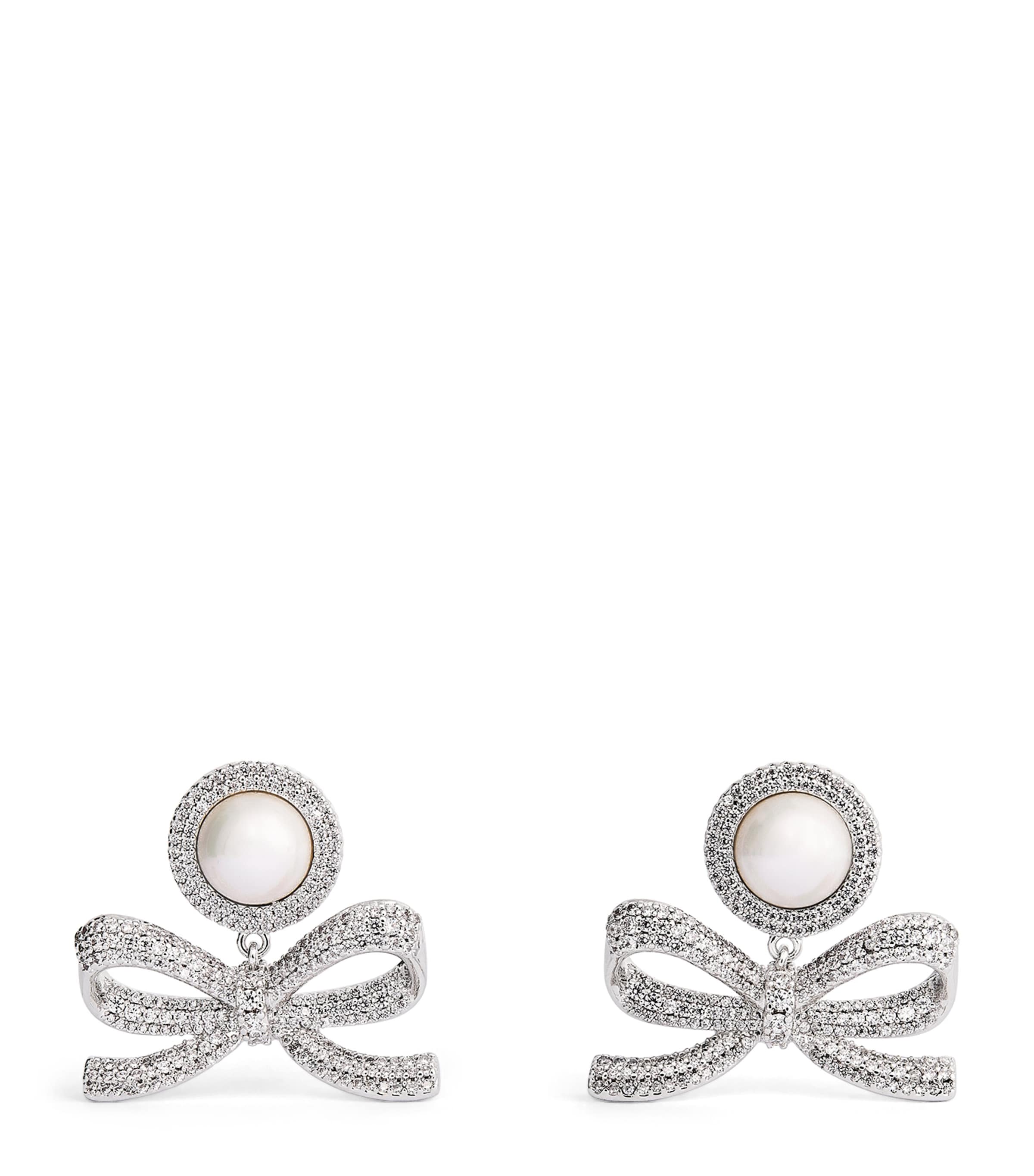 Self-Portrait Crystal-Faux Pearl Bow Drop Earrings Silver Image 1