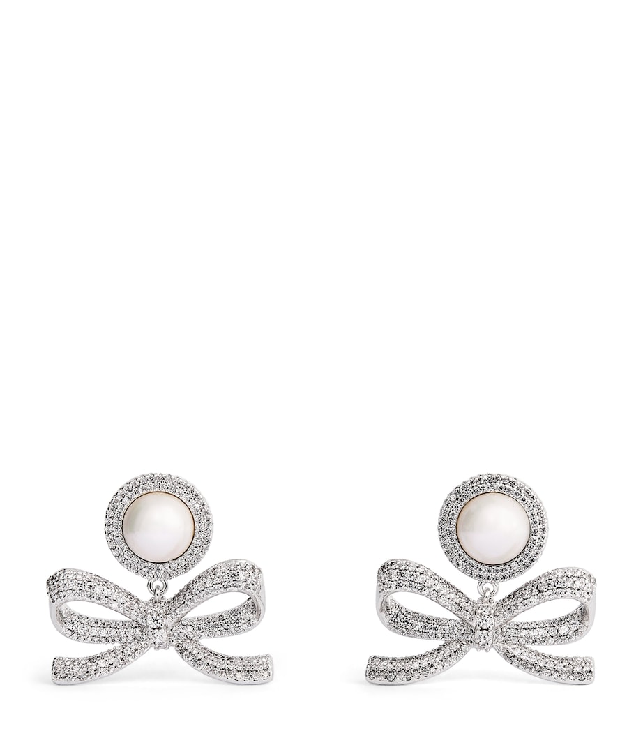 Self-Portrait Crystal-Faux Pearl Bow Drop Earrings Silver Image 1
