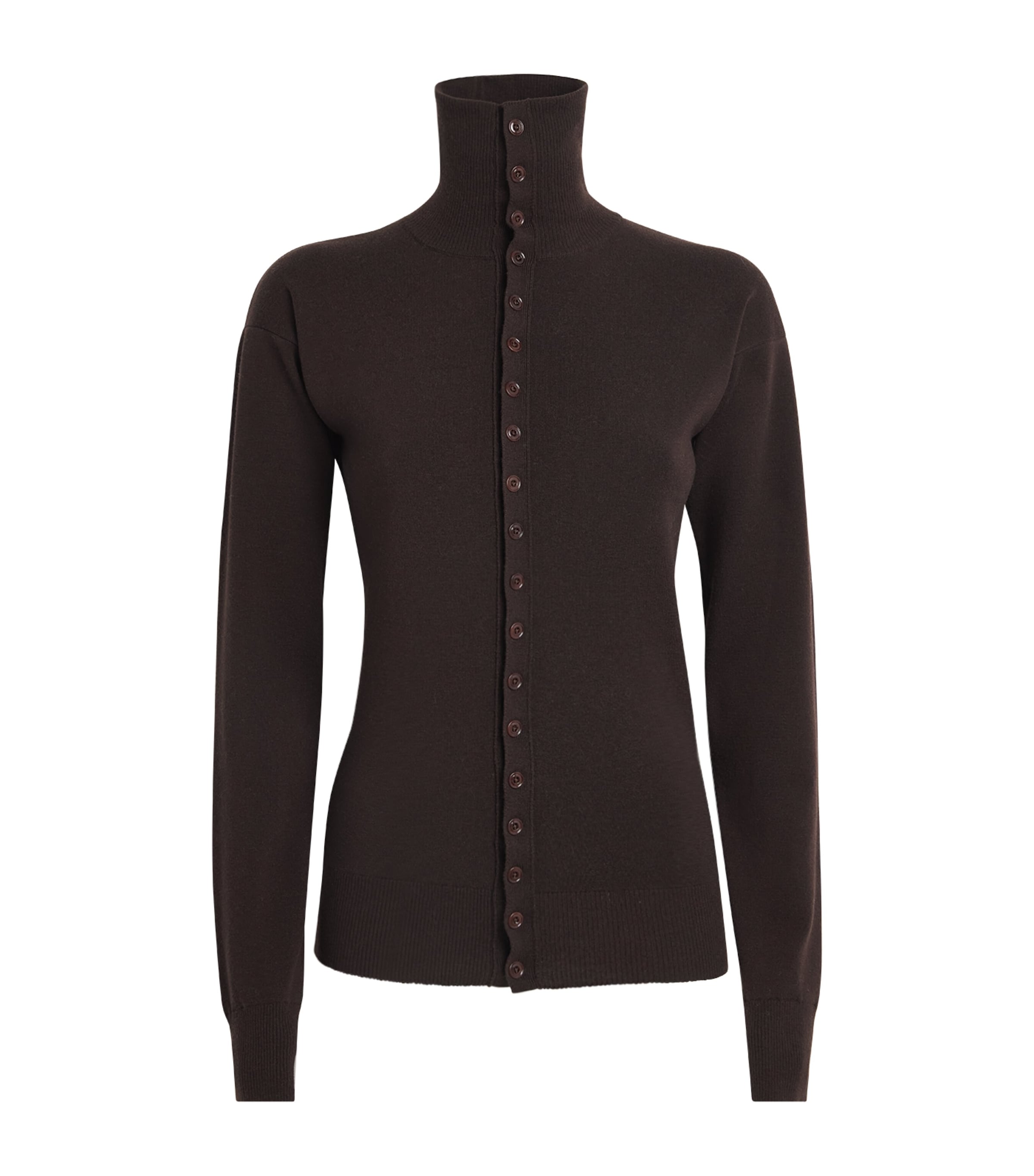 Lemaire Wool Cardigan Featuring High Collar And Ribbed Cuffs In Brown