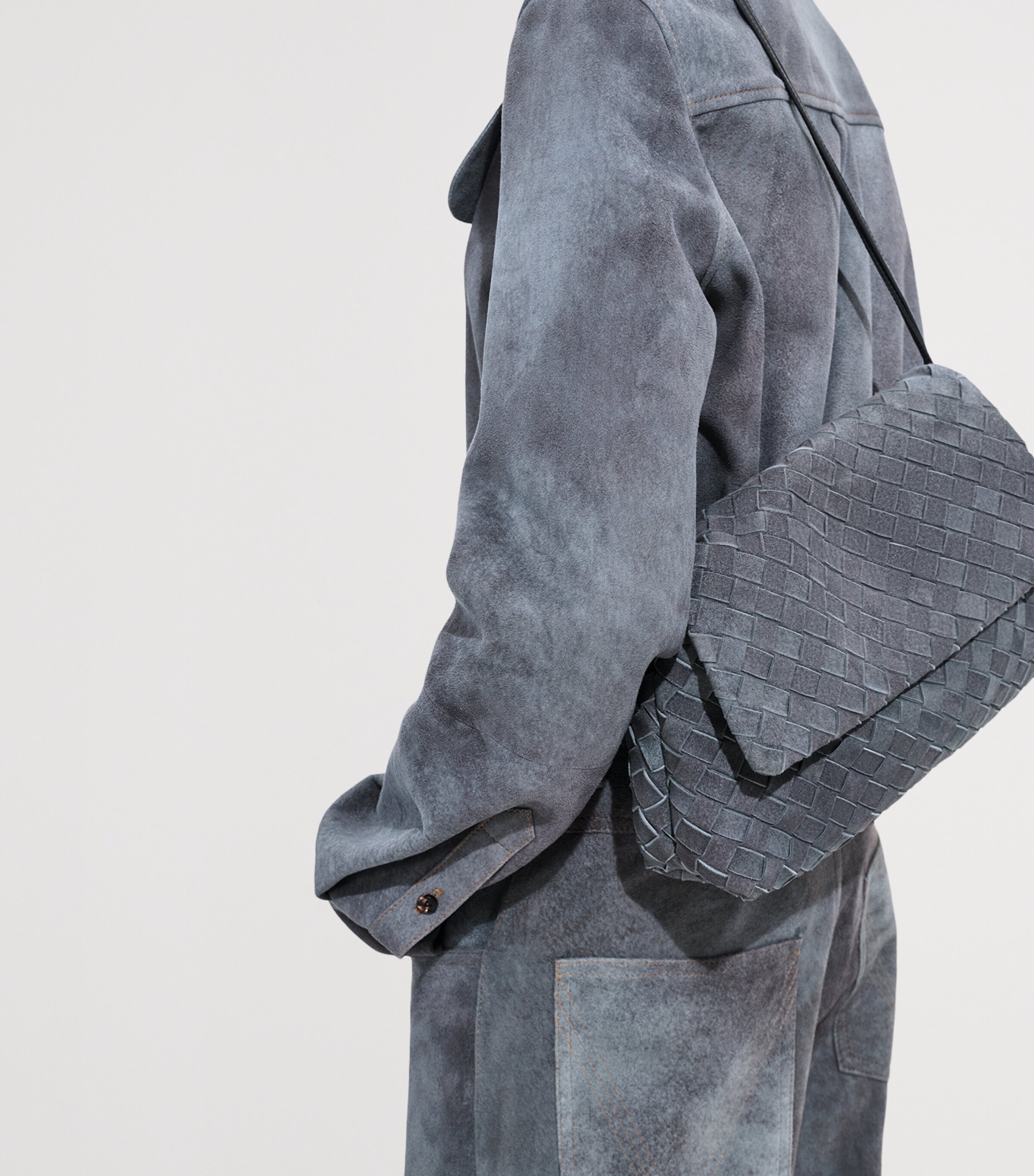 Bottega Veneta Blue Suede Intrecciato Giorno Shoulder Bag | Harrods UK