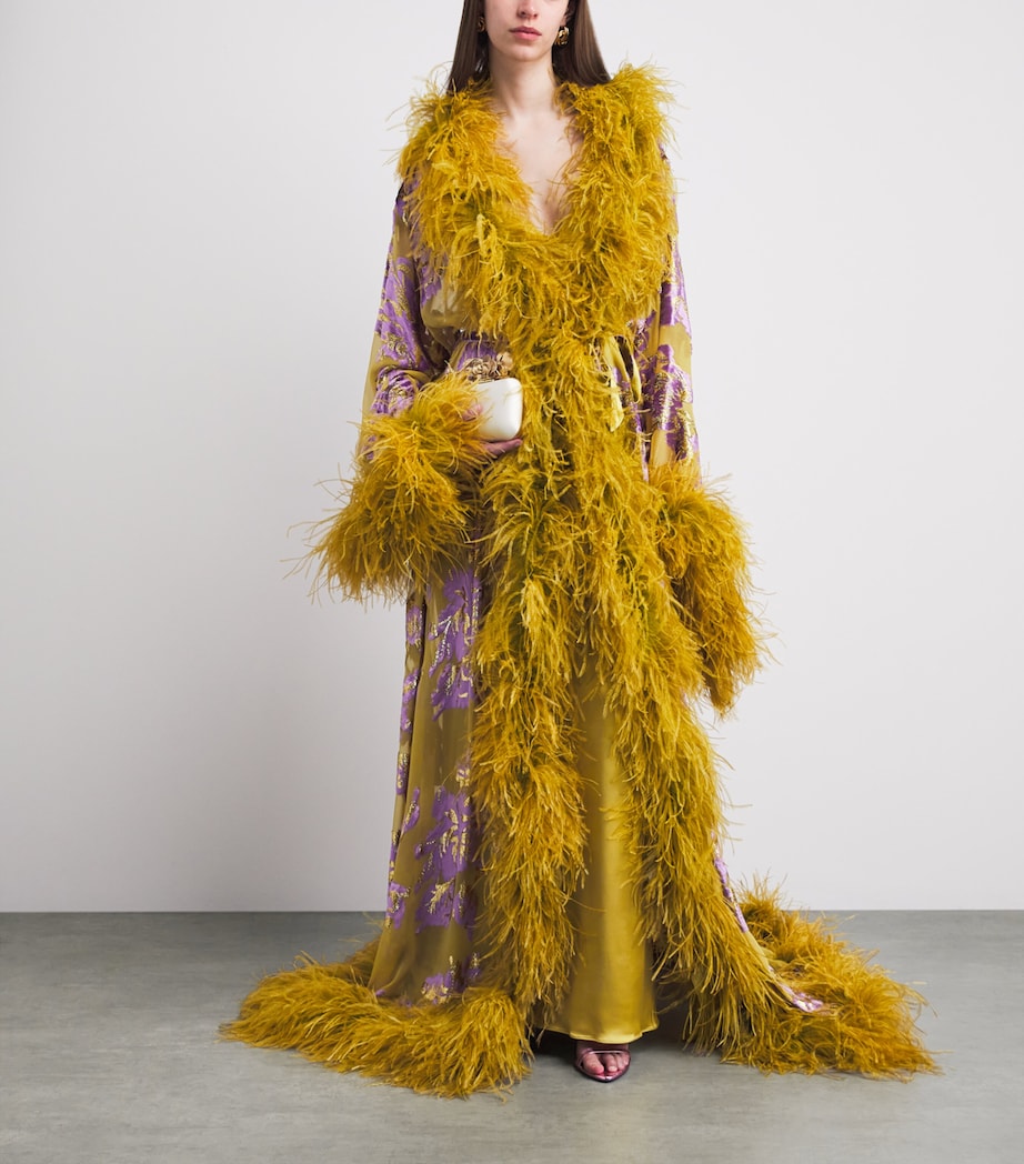 Taller Marmo Womens Silk-Blend Feathered Melendo Robe Lavander Gold Kiwi Image 2