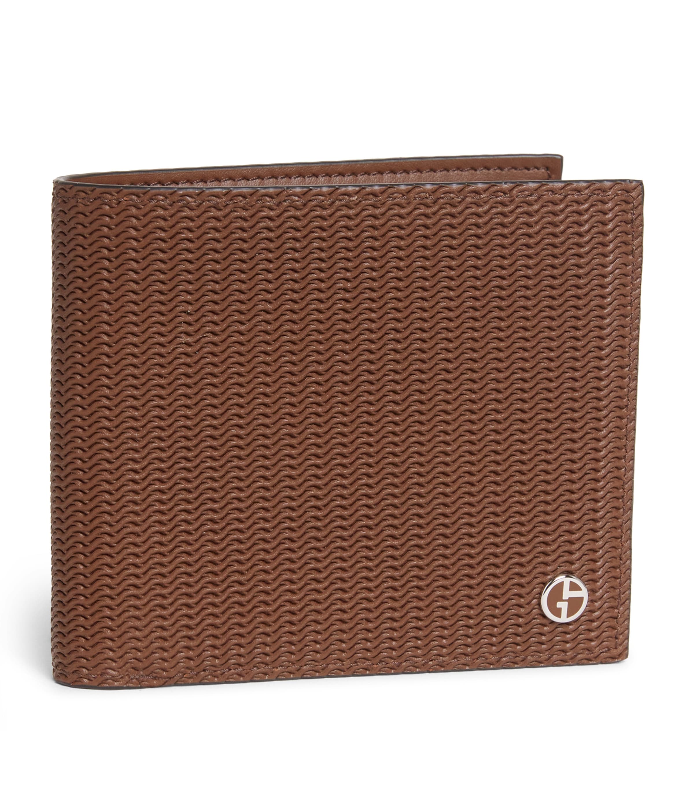 Giorgio Armani Calf Leather Embossed Bifold Wallet In Brown