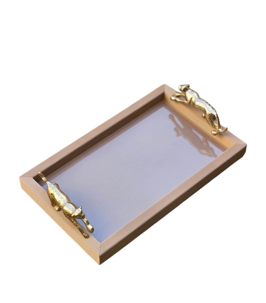 Les-Ottomans Leather and Brass Leopard Tray (37cm x 23cm) Beige Image 1