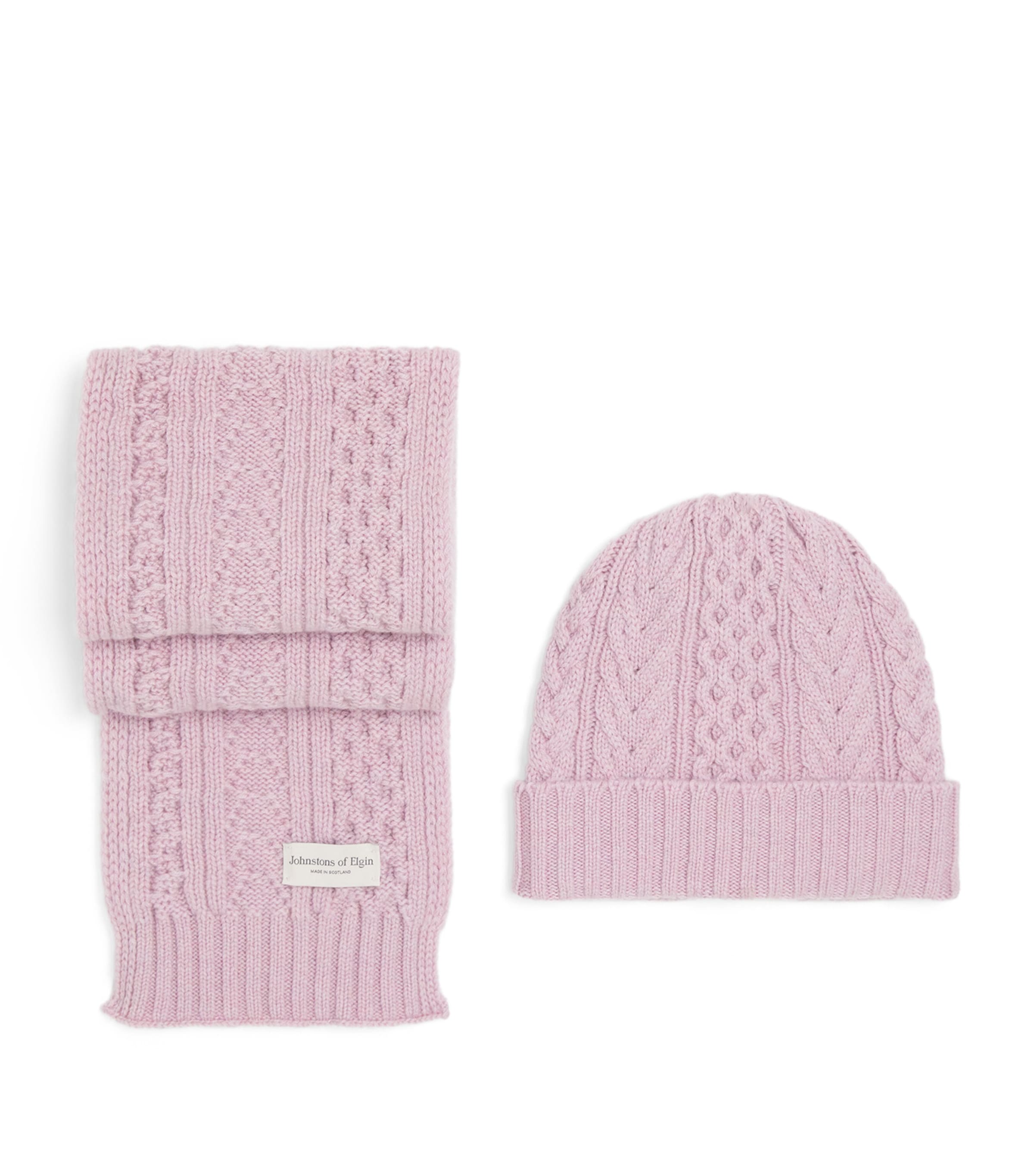 Johnstons Of Elgin Cashmere Aran Beanie and Scarf Gift Set Lunan Pink Image 1