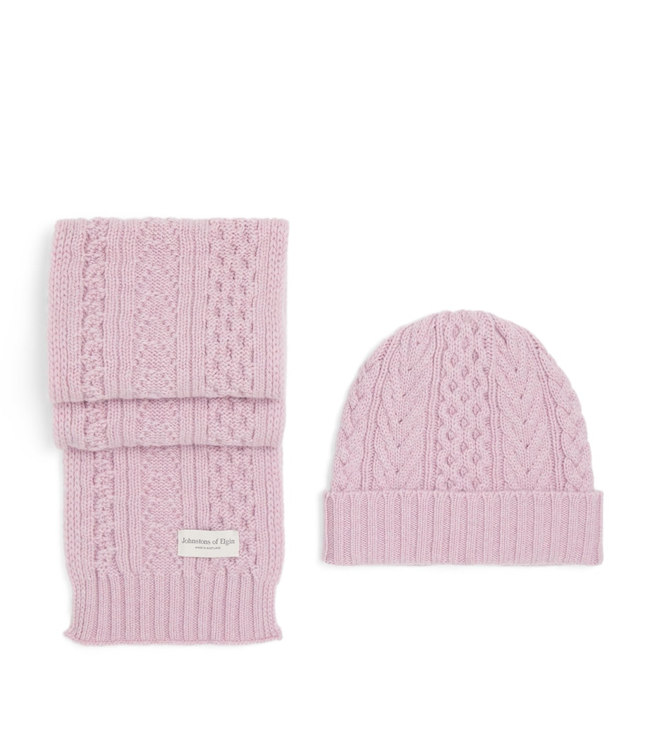 Johnstons Of Elgin Cashmere Aran Beanie and Scarf Gift Set Lunan Pink Image 1