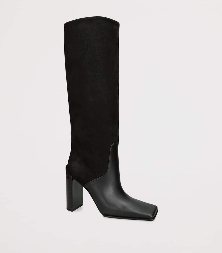 Leather Suede-Trim Knee-High Boots 90 BLACK Image 3