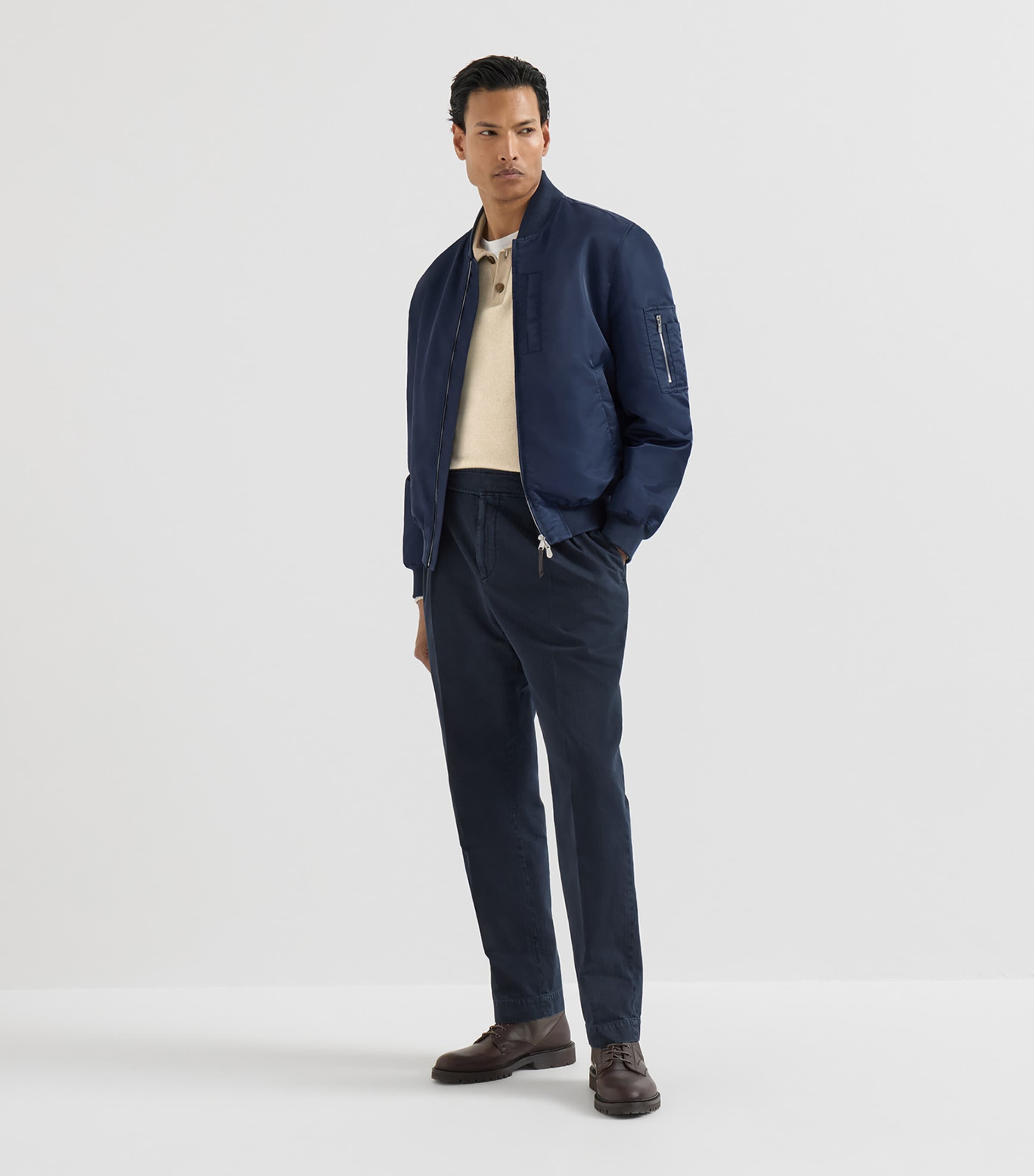 Brunello Cucinelli Mens Cashmere Suede-Collar Polo Sweater Sabbia Image 5