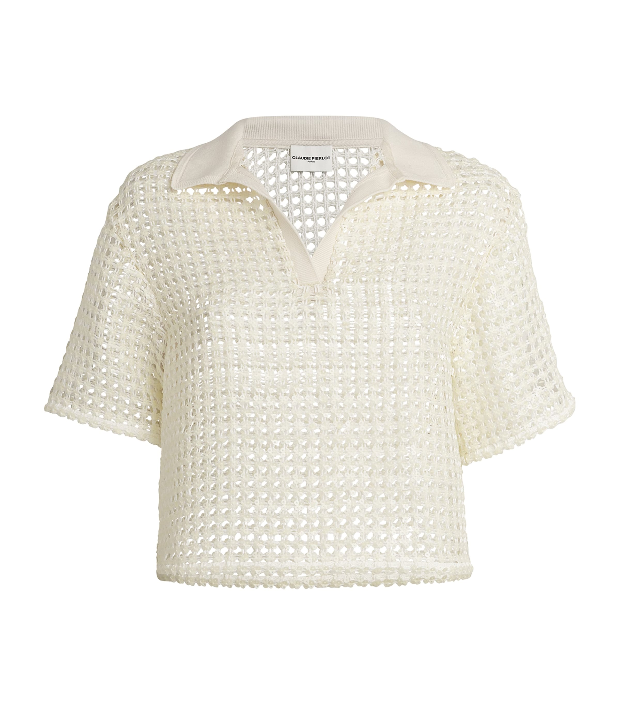Claudie Pierlot Mesh Crochet Polo Top In Neutral