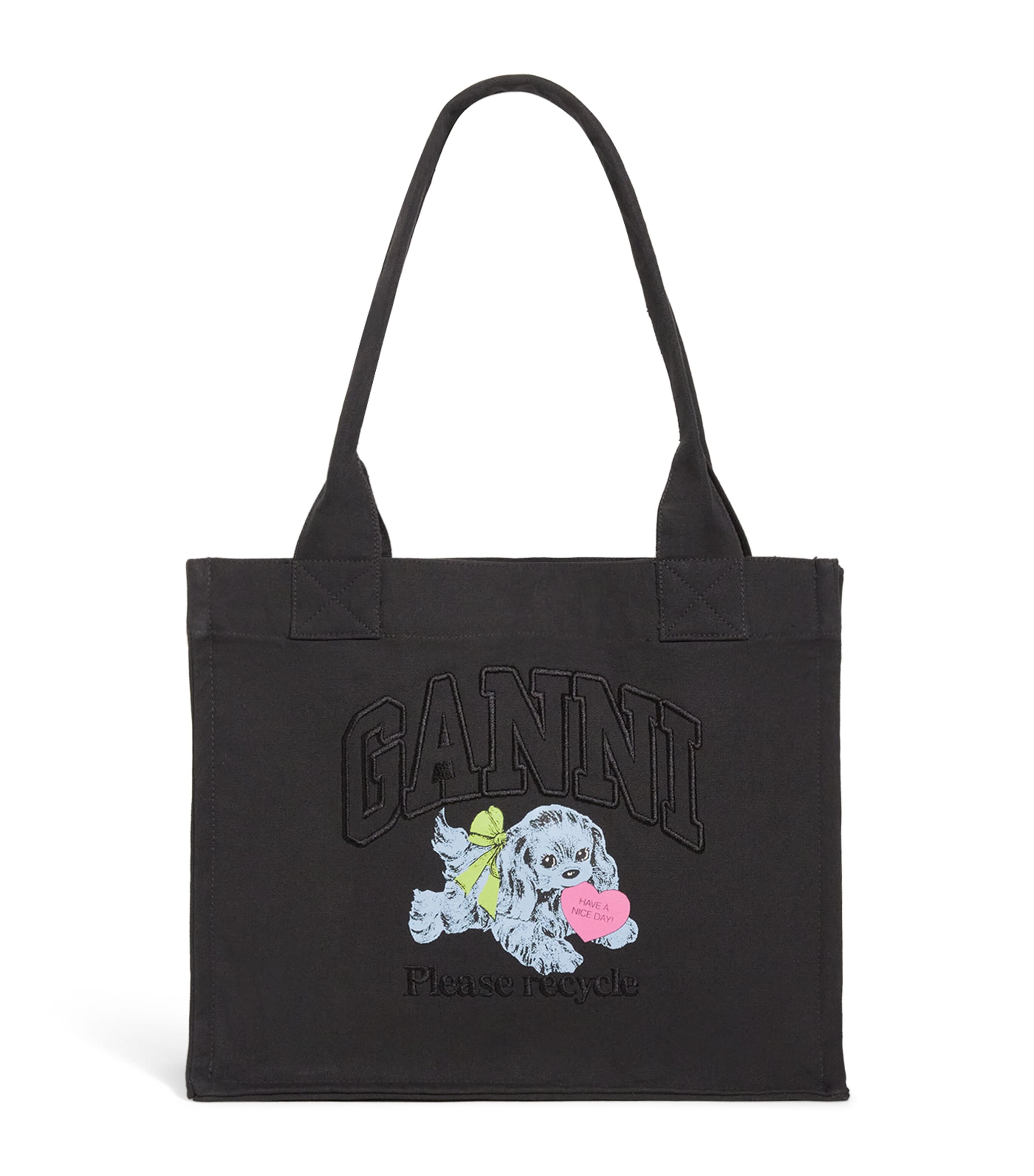 Ganni Tote Bag In Canvas Black With Puppy Print In Black