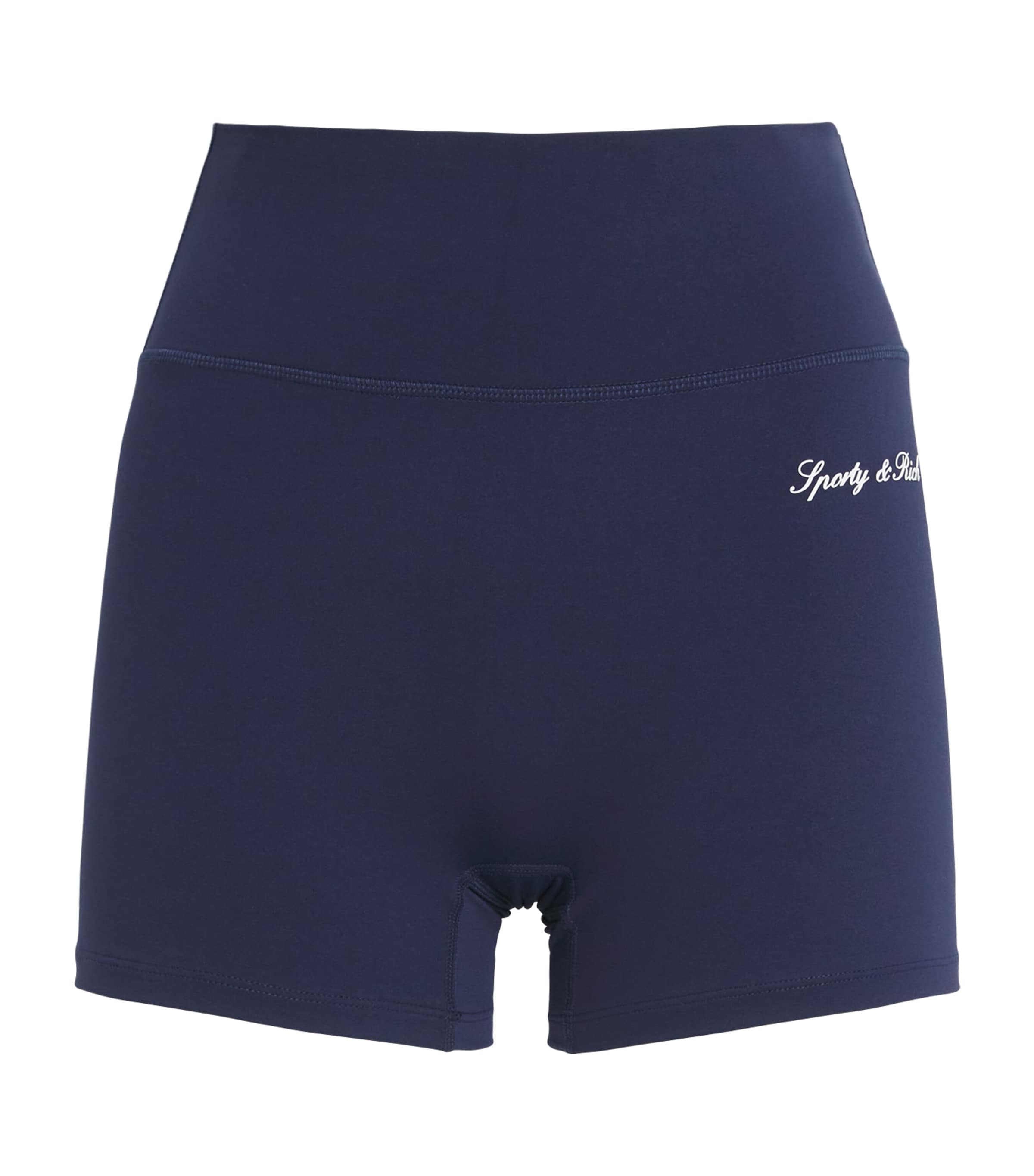 Sporty & Rich Womens Logo Serif Biker Shorts Dark Navy White Image 1