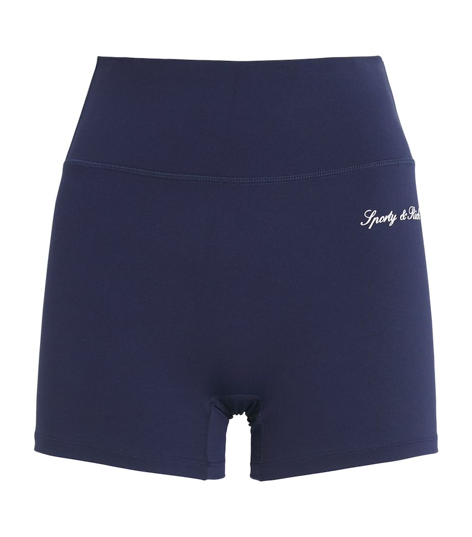 Sporty & Rich Womens Logo Serif Biker Shorts Dark Navy White Image 1