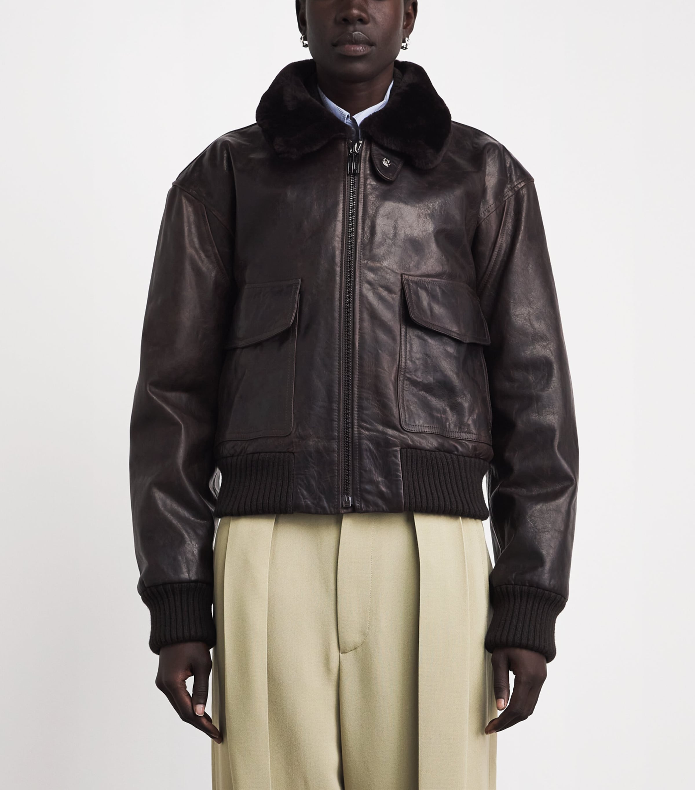 Victoria Beckham Womens Aviator Leather Jacket Dark Earth Image 4
