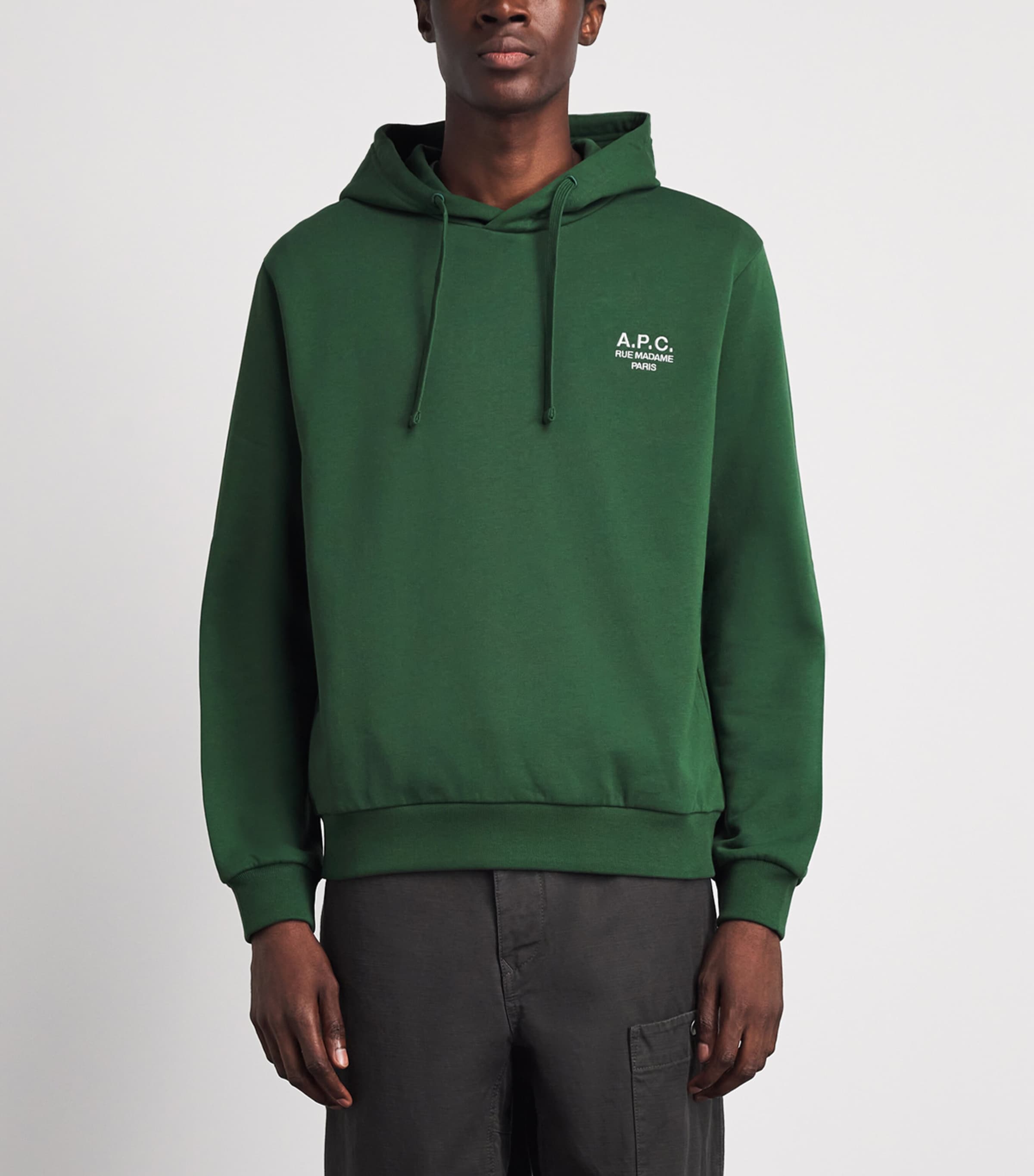 A.P.C. Mens Cotton Rue Madame Logo Hoodie Vert Fonce/blanc Image 4
