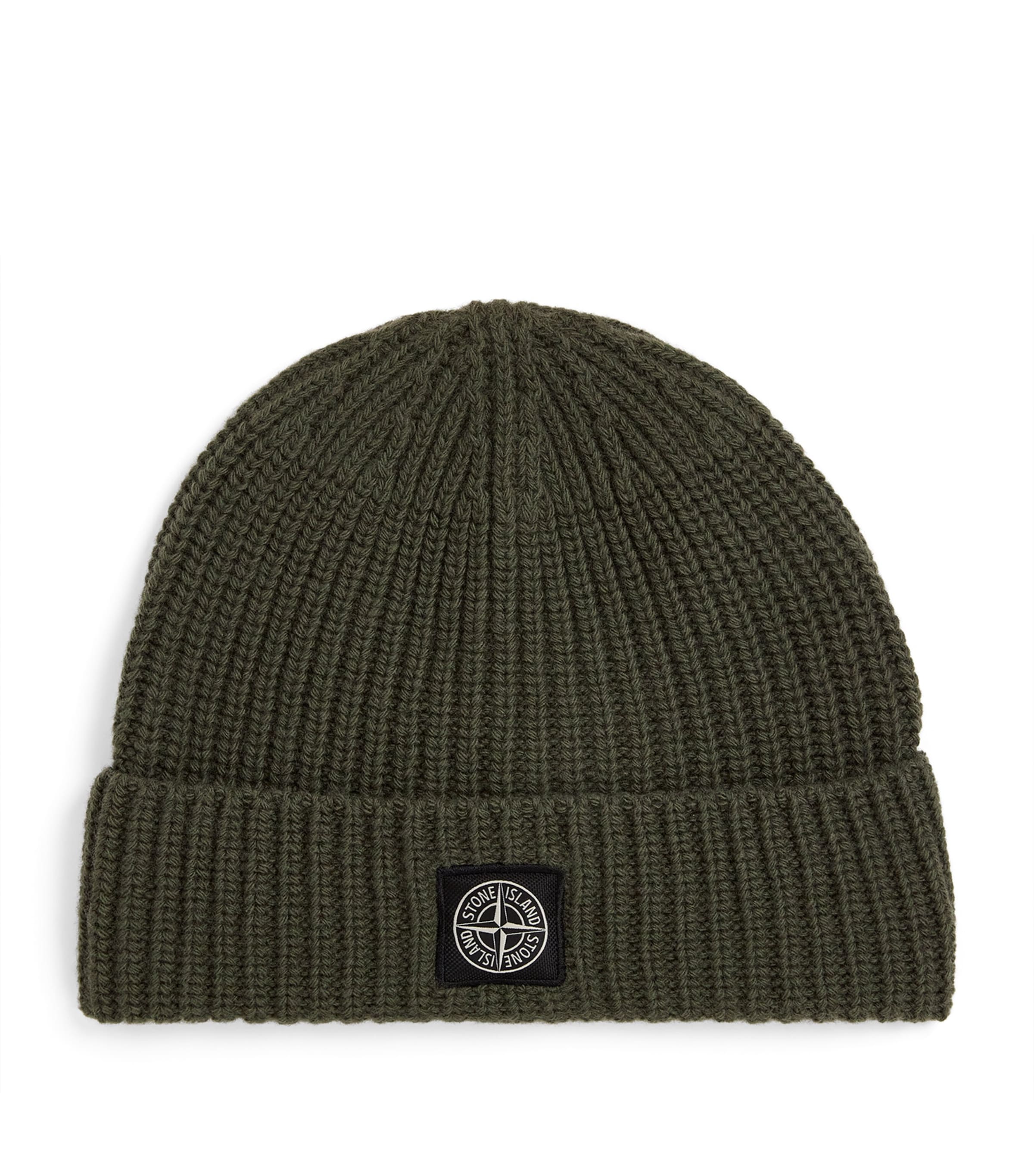 Stone Island Virgin Wool Ribbed Beanie In Green
