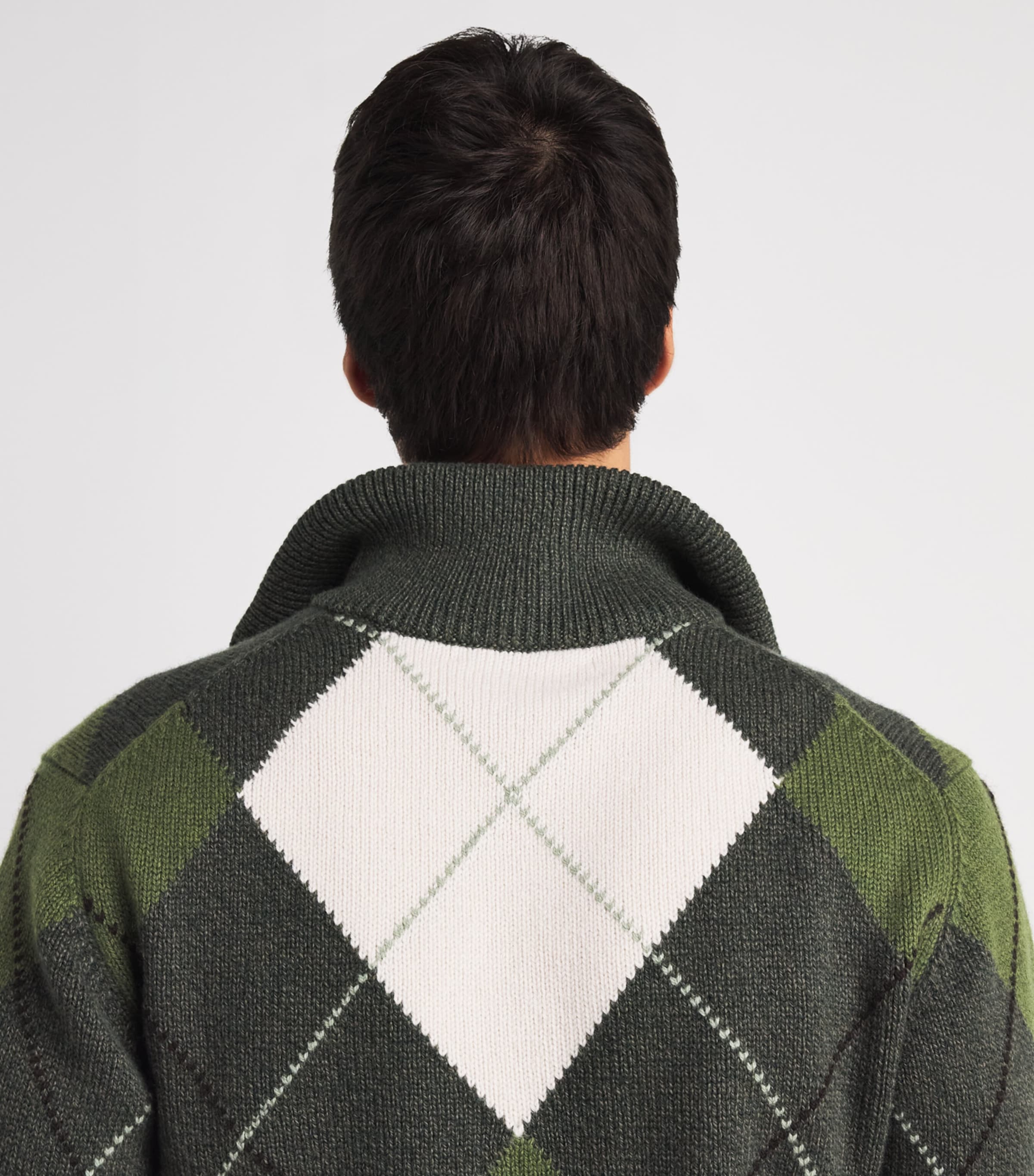 Purdey Mens Wool-Cashmere Strathmore Argyle Quarter-Zip Sweater Loden Image 3