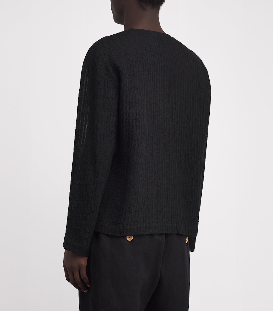 Linen-Cotton-Blend Stripe Henley T-Shirt BLACK Image 4