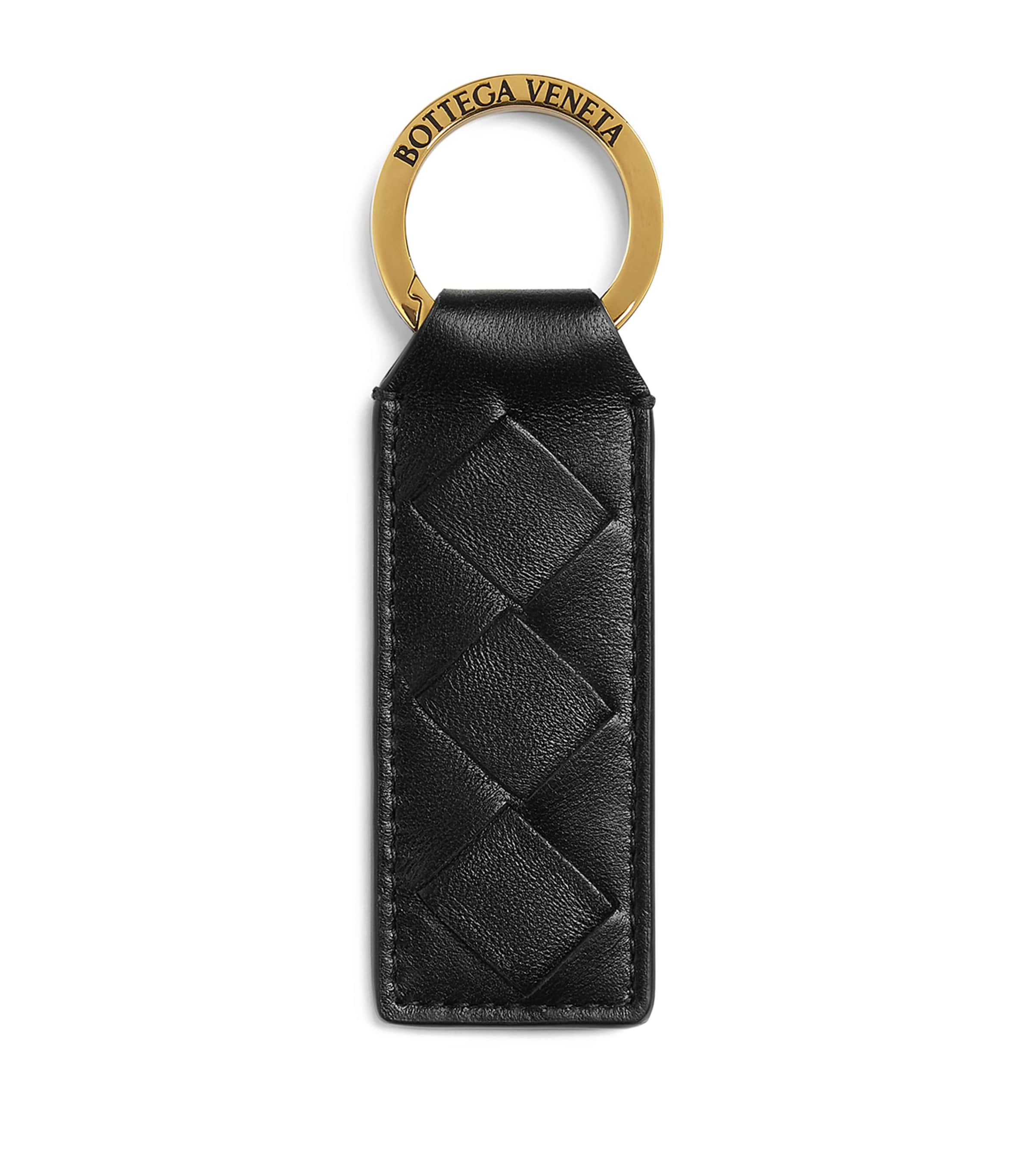 Shop Bottega Veneta Leather Tab Keyring In Black