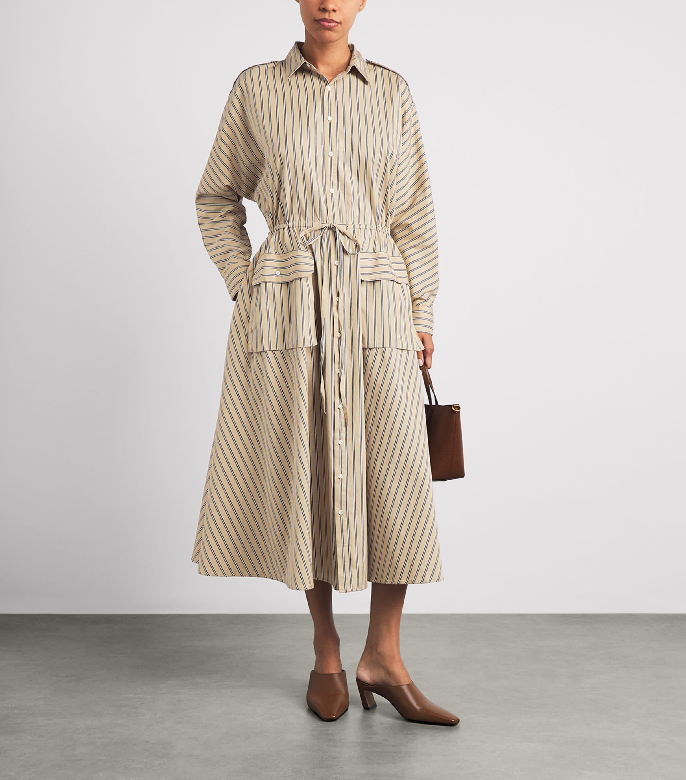 Polo Ralph Lauren Womens Cotton Stripe Midi Shirt Dress Tan Royal Mul Image 2