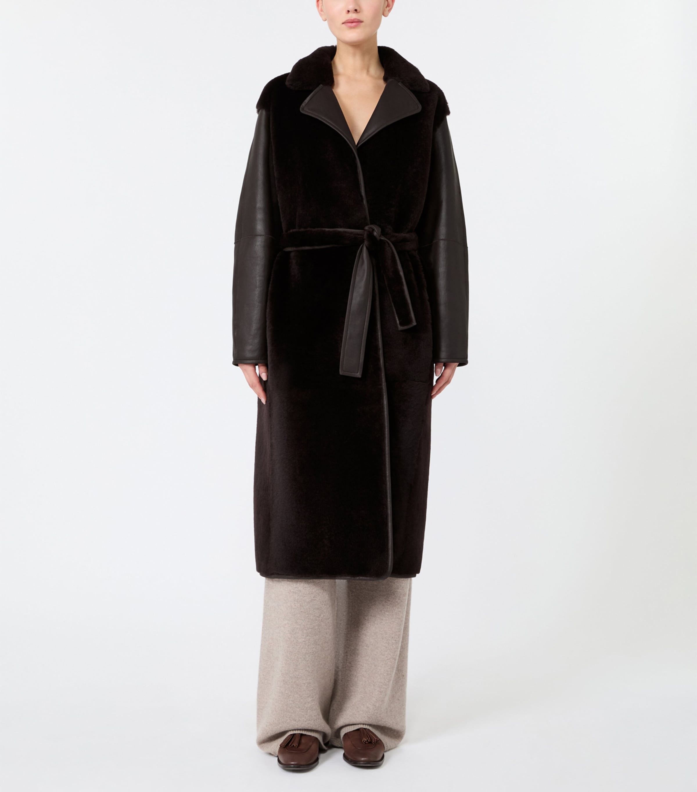 Max Mara Womens Leather-Shearling Belted Longline Coat Dark Brown Image 2