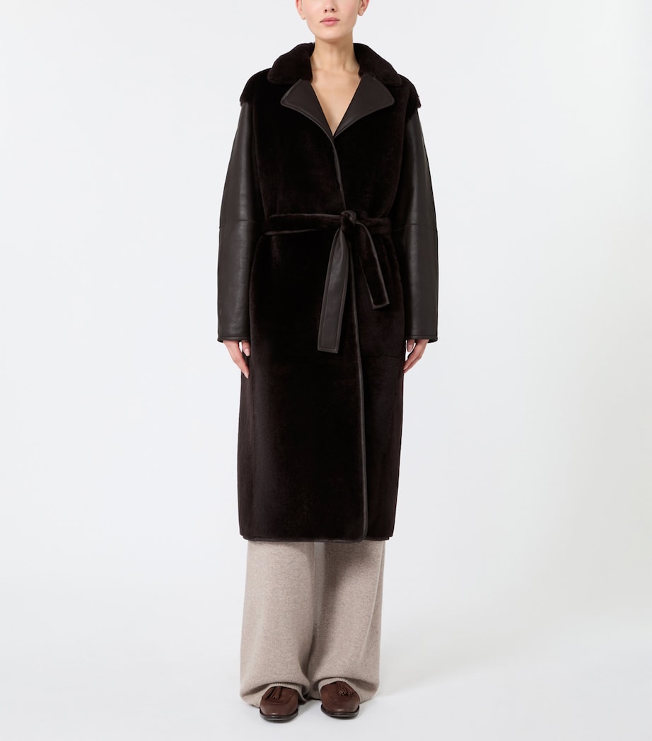 Max Mara Womens Leather-Shearling Belted Longline Coat Dark Brown Image 2