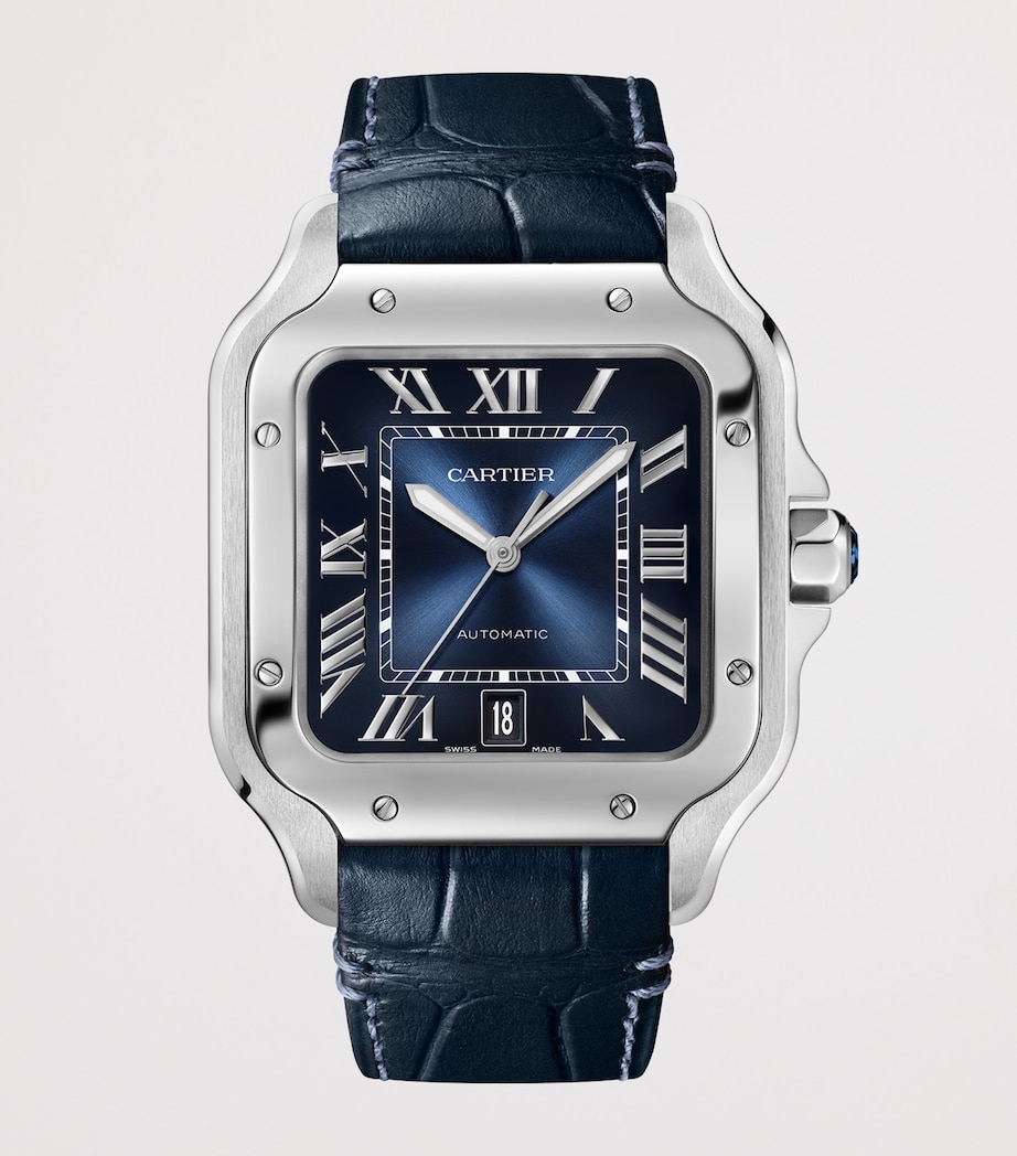 Large Steel Santos de Cartier Watch 39.8mm BLUE Image 2
