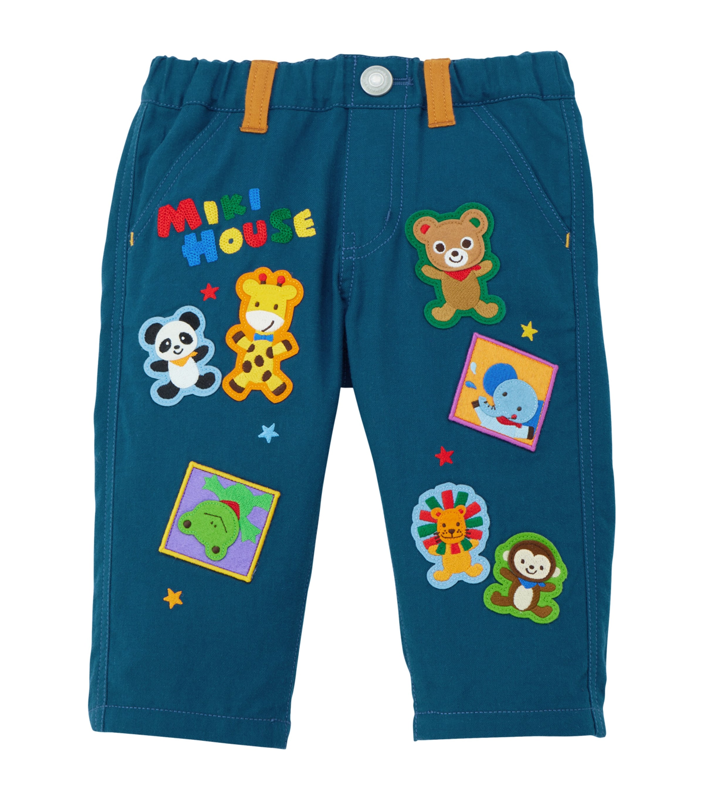 Miki House Cotton Animal Appliqué Trousers In Blue