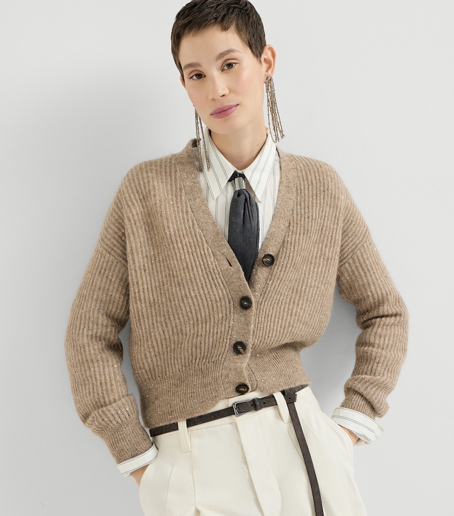 Brunello Cucinelli Womens English Rib Sequin Cardigan Brown Caldo Image 2