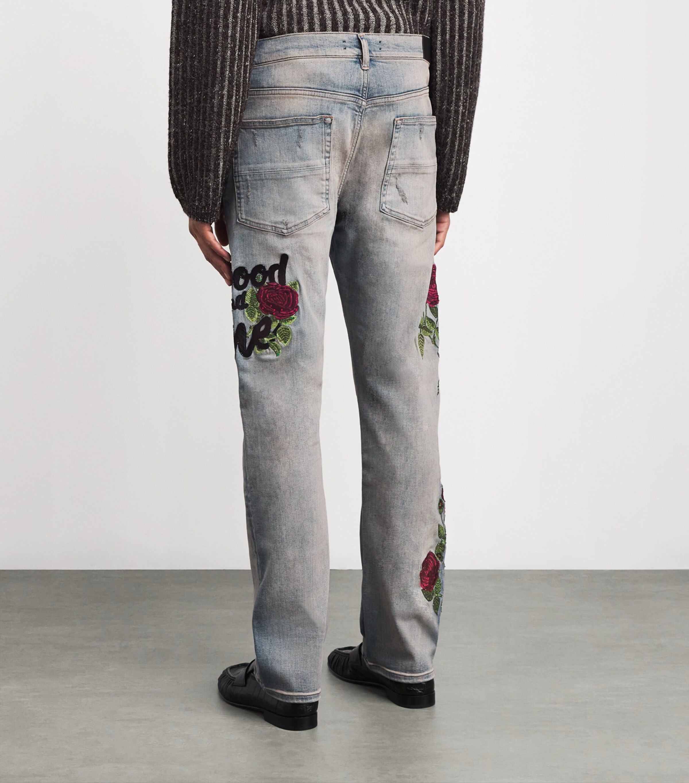 AMIRI Mens Floral Sequin Distressed Slim Jeans Antique Indigo Image 4