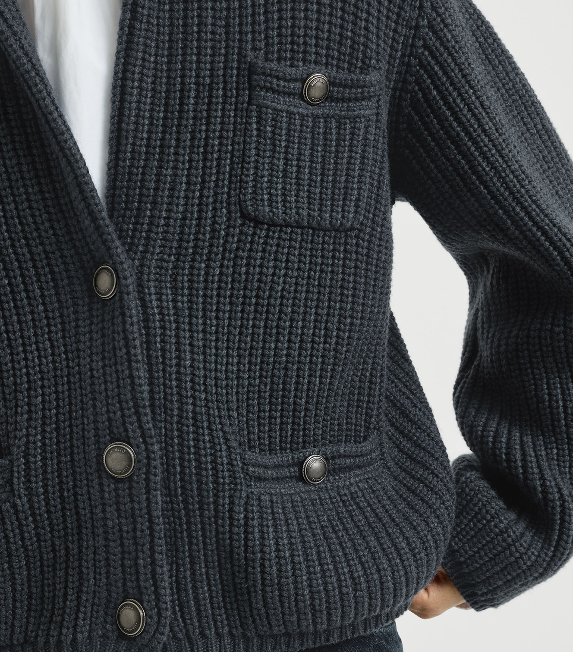 Brunello Cucinelli Womens Cashmere Rib-Knit Cardigan Blu Freddo Image 6